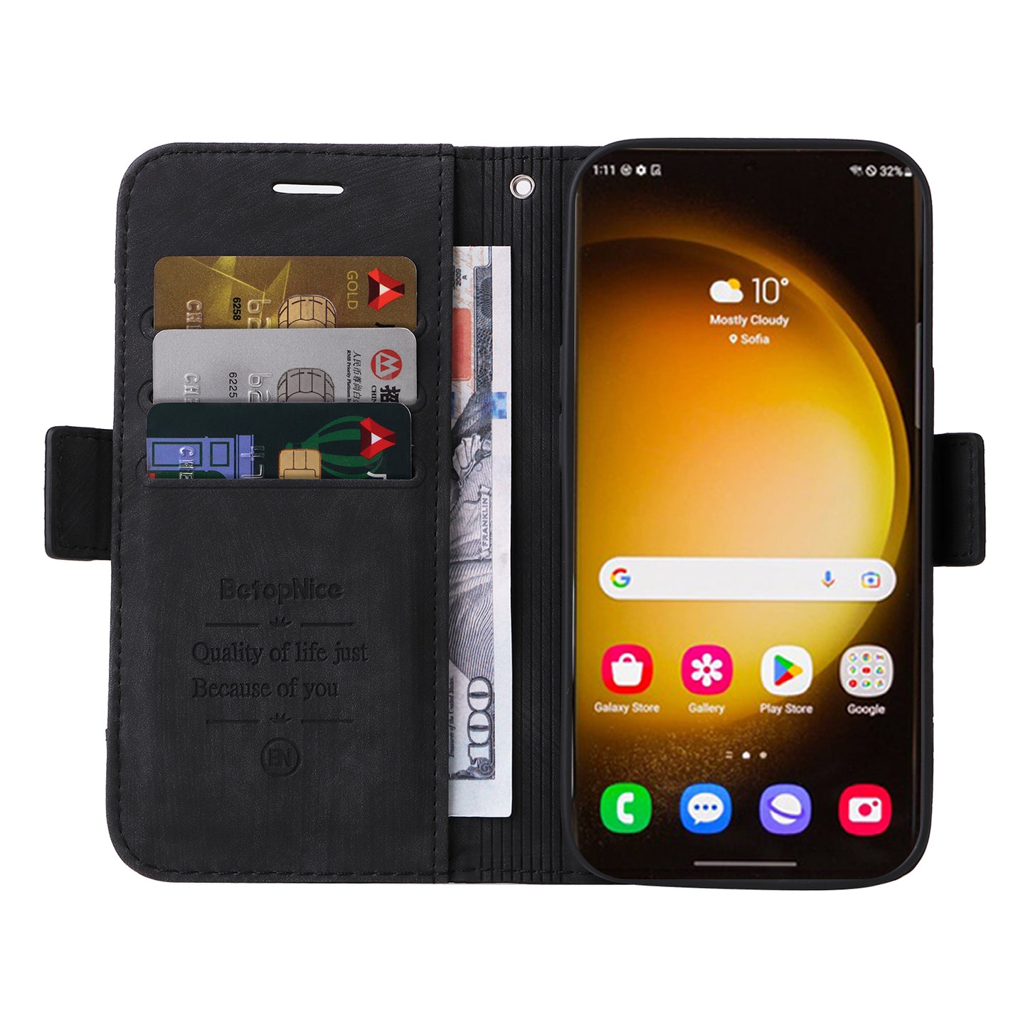 BETOPNICE 001 for Samsung Galaxy S24 Ultra Case PU Leather Stand Wallet Phone Cover - Black