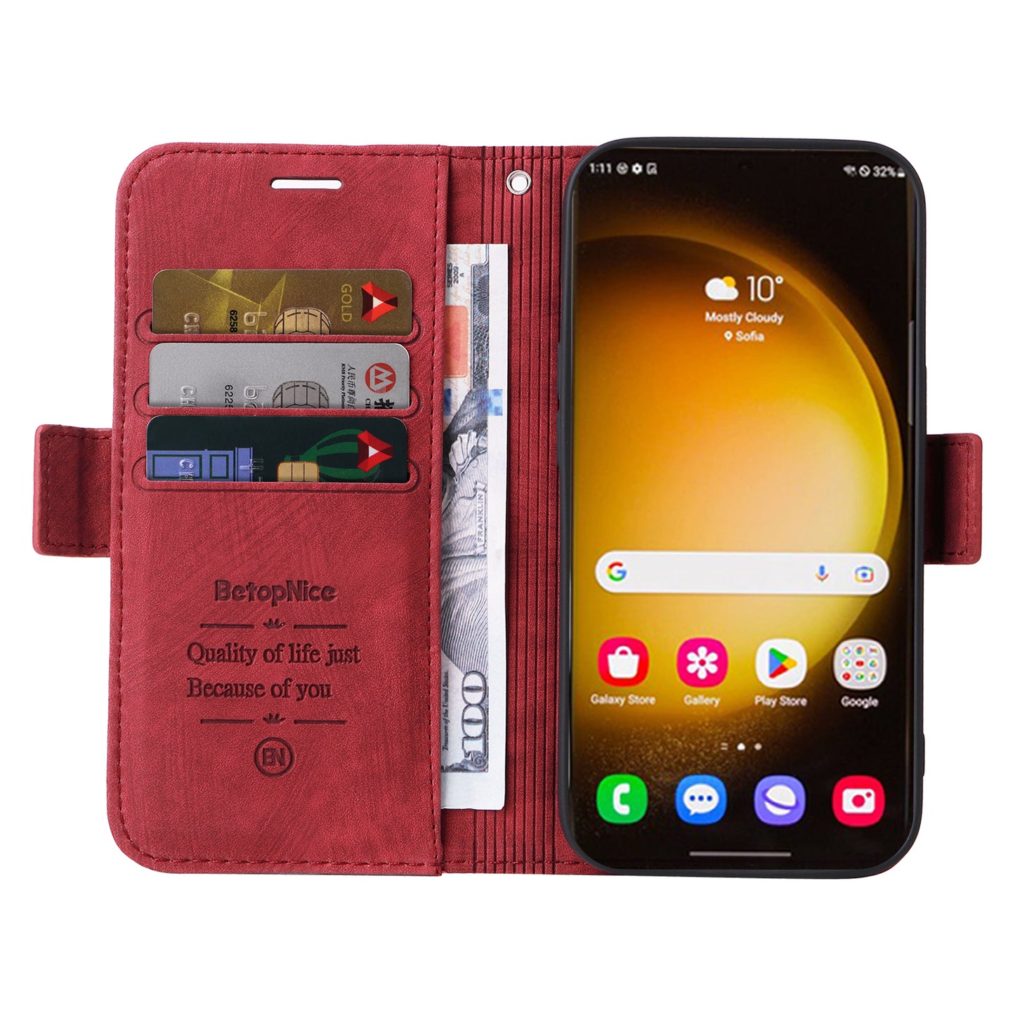 BETOPNICE 001 for Samsung Galaxy S24 Ultra Case PU Leather Stand Wallet Phone Cover - Red