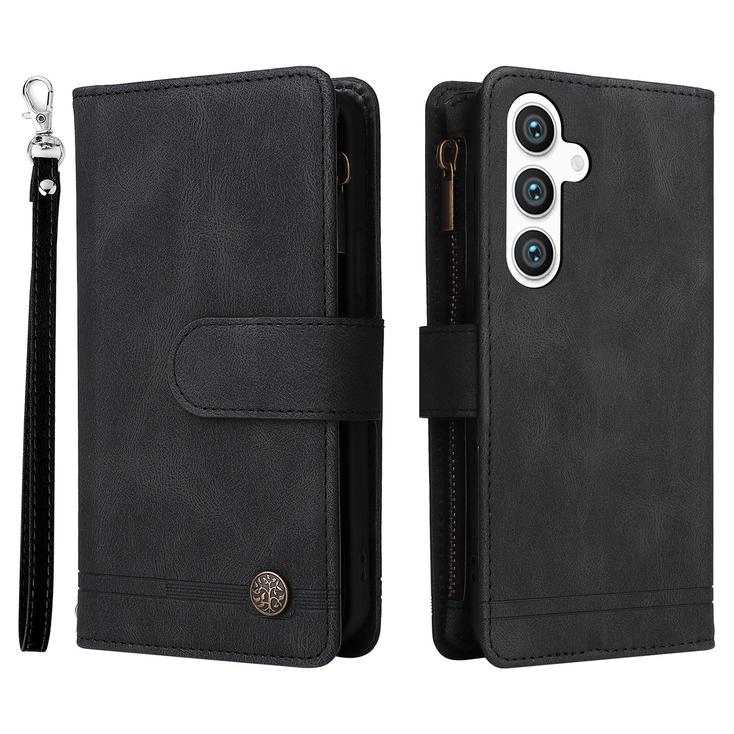 For Samsung Galaxy S24+ Case Multi Card Holder Zipper Phone Cover - Black
