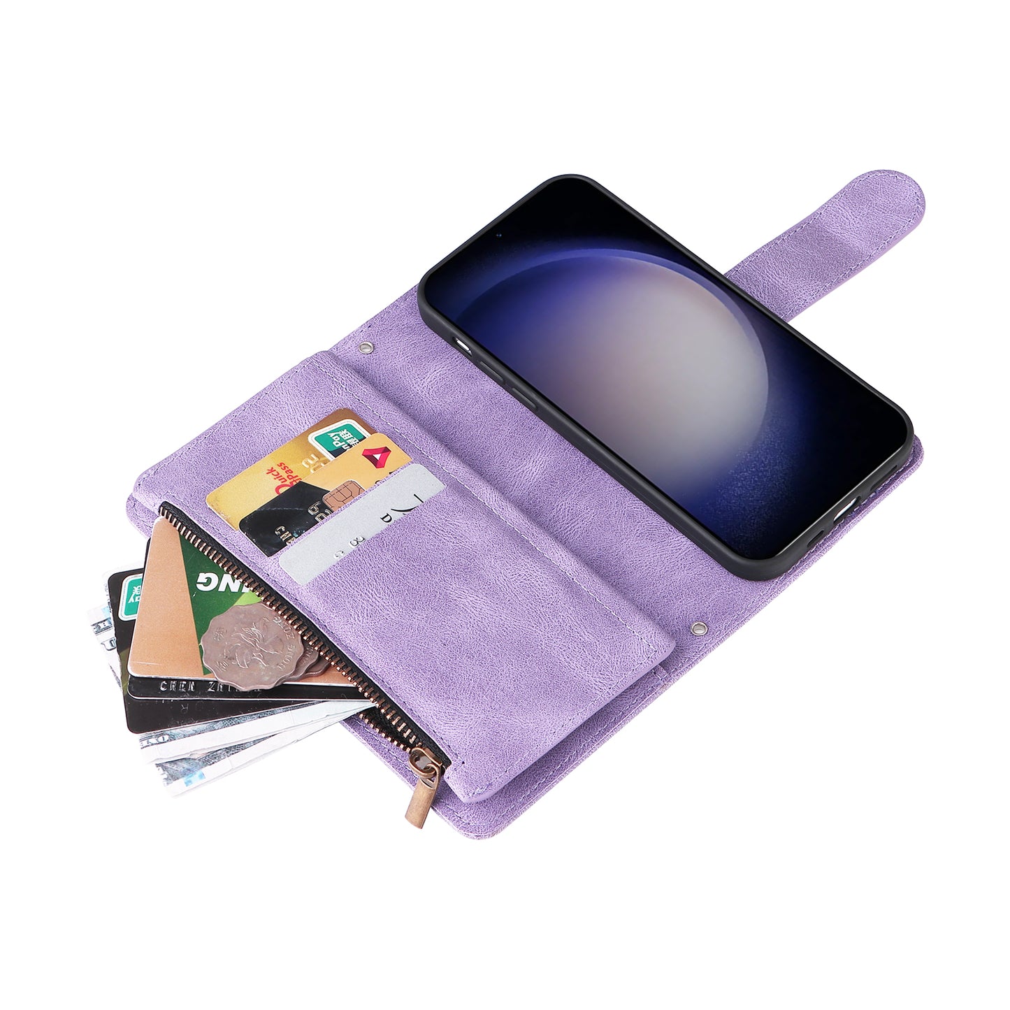 For Samsung Galaxy S24+ Case Multi Card Holder Zipper Phone Cover - Purple