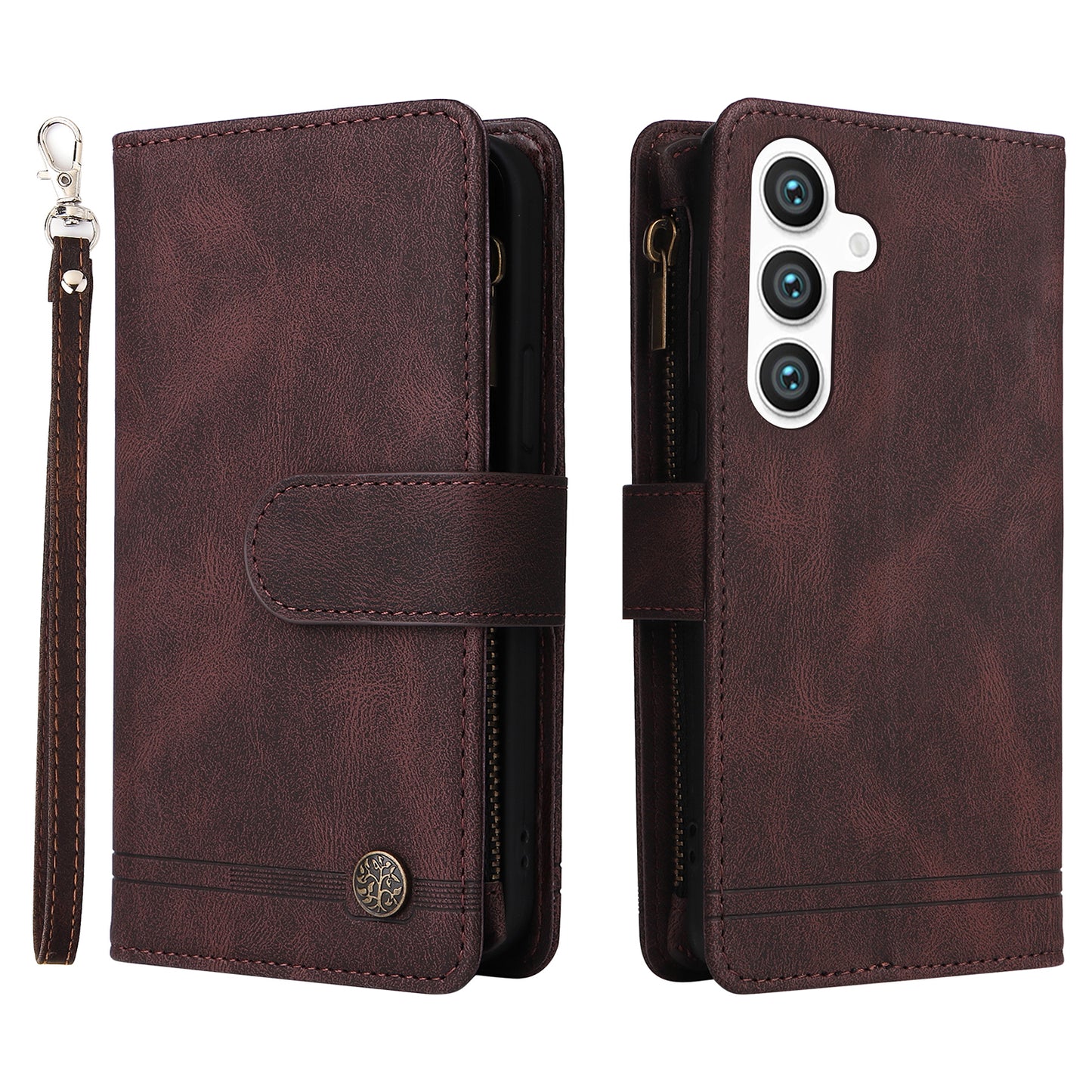 For Samsung Galaxy S24+ Case Multi Card Holder Zipper Phone Cover - Brown