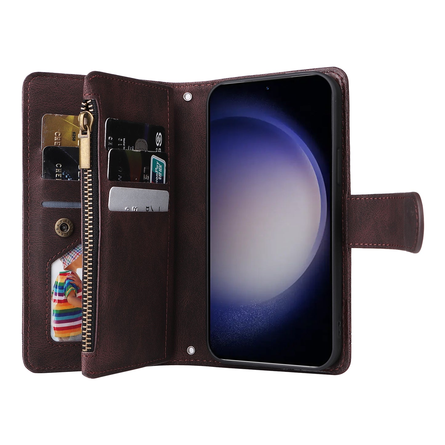 For Samsung Galaxy S24+ Case Multi Card Holder Zipper Phone Cover - Brown