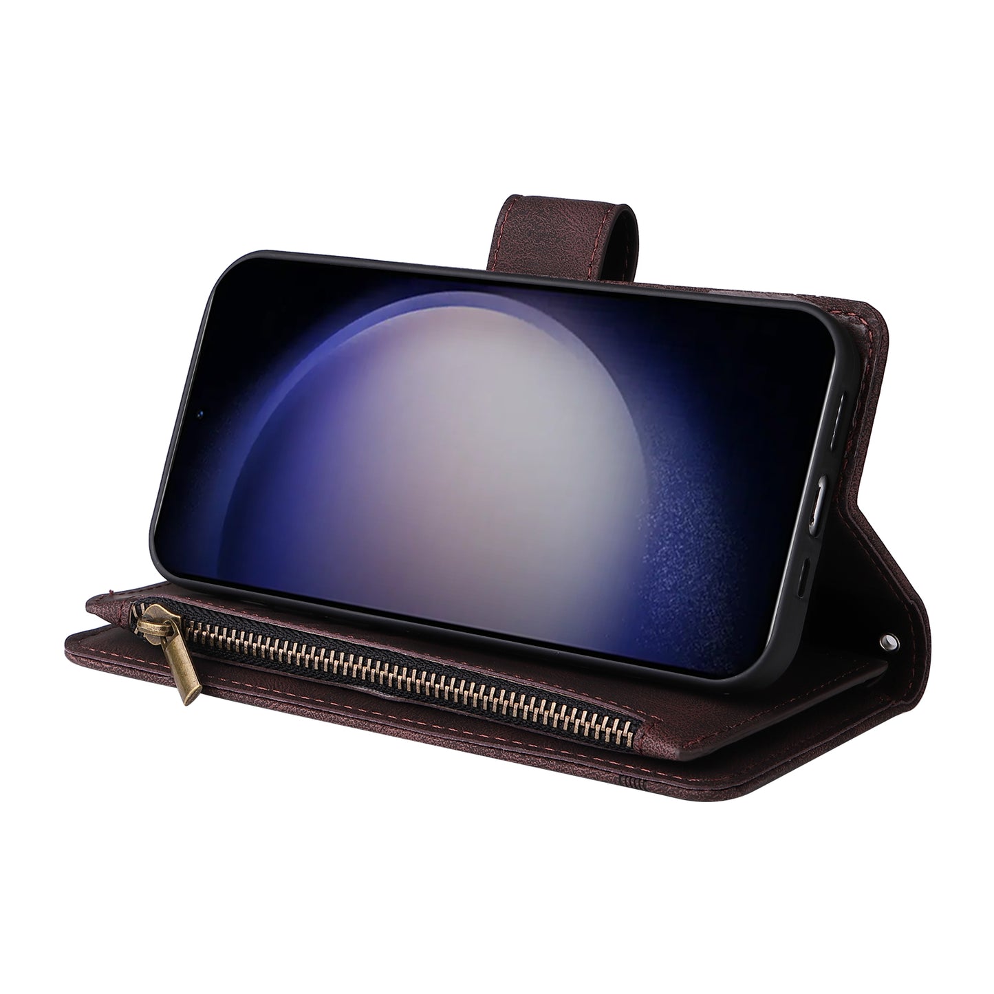 For Samsung Galaxy S24+ Case Multi Card Holder Zipper Phone Cover - Brown