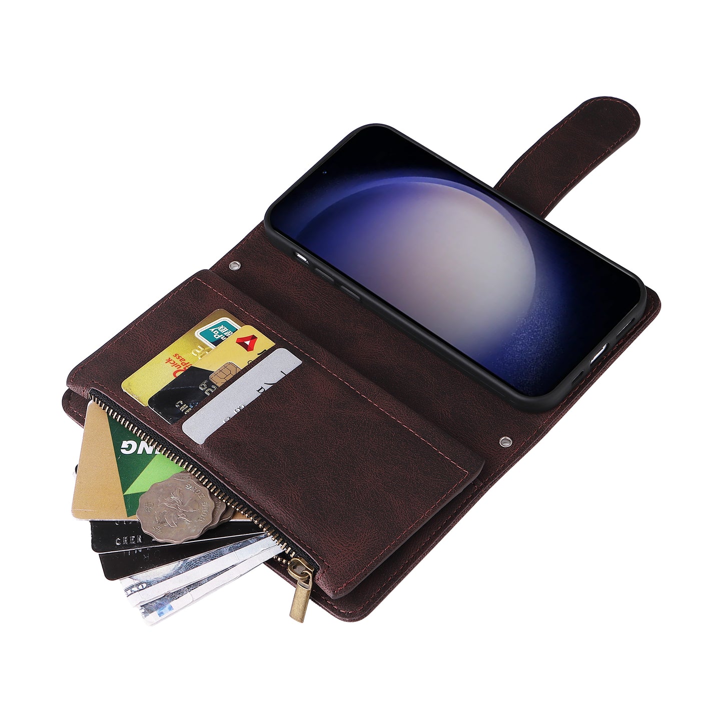 For Samsung Galaxy S24+ Case Multi Card Holder Zipper Phone Cover - Brown