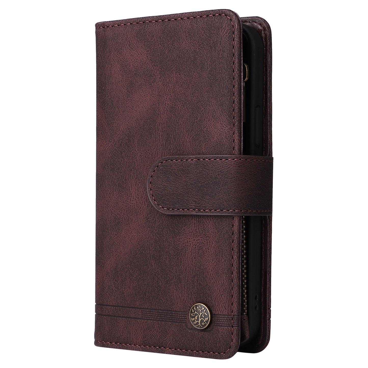 For Samsung Galaxy S24+ Case Multi Card Holder Zipper Phone Cover - Brown