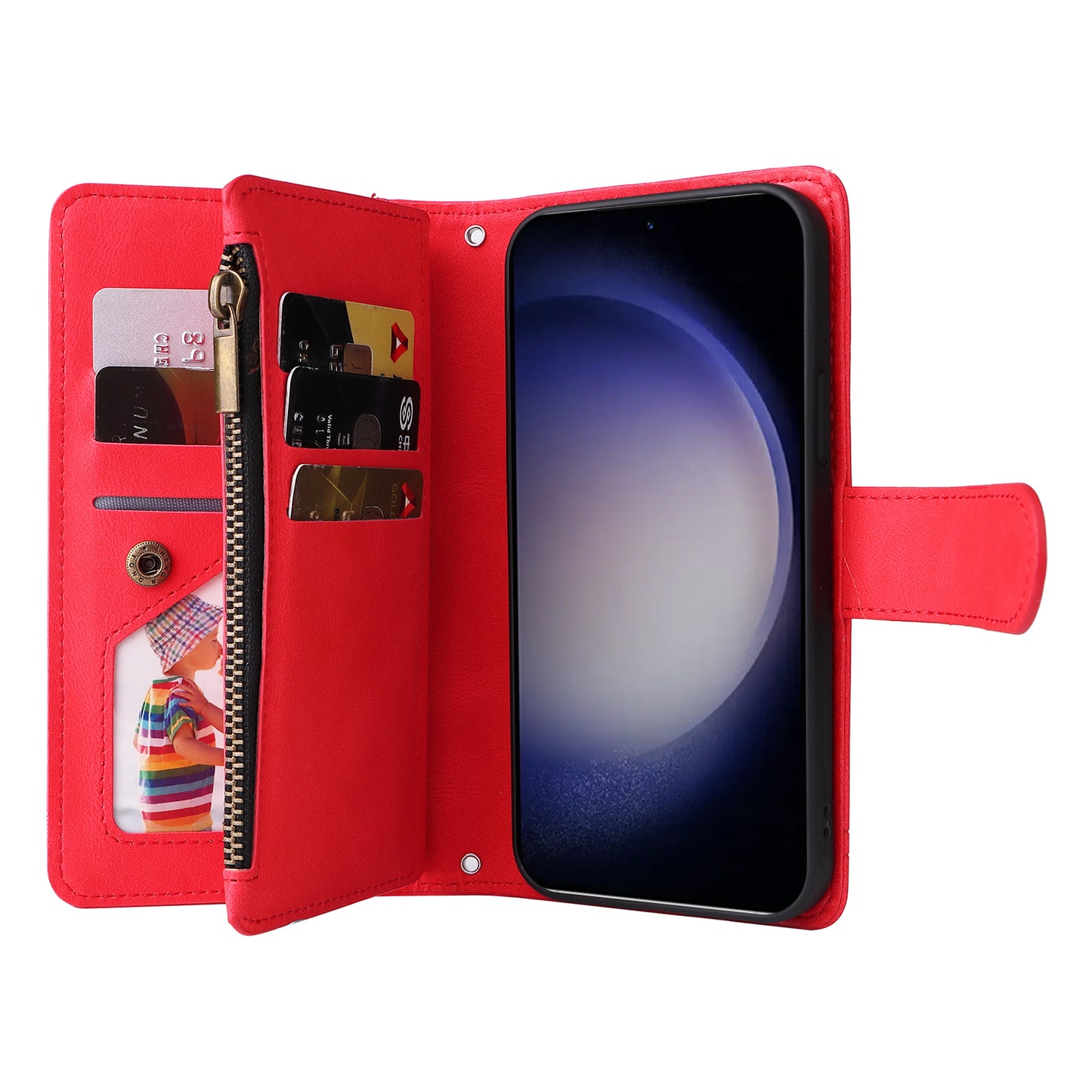 For Samsung Galaxy S24+ Case Multi Card Holder Zipper Phone Cover - Red