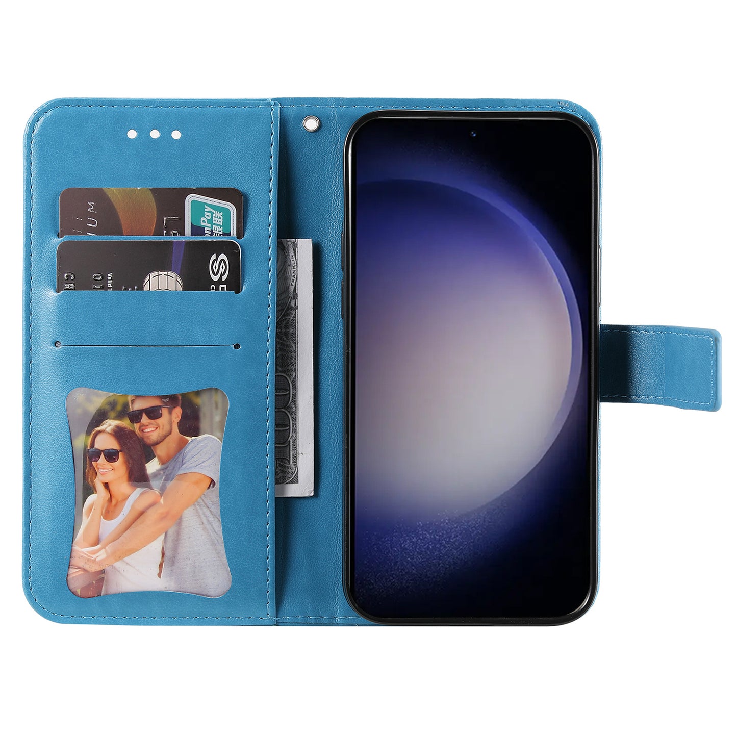 For Samsung Galaxy S24+ Case Stand Wallet Imprinted PU Leather Mobile Phone Shell Cover - Blue