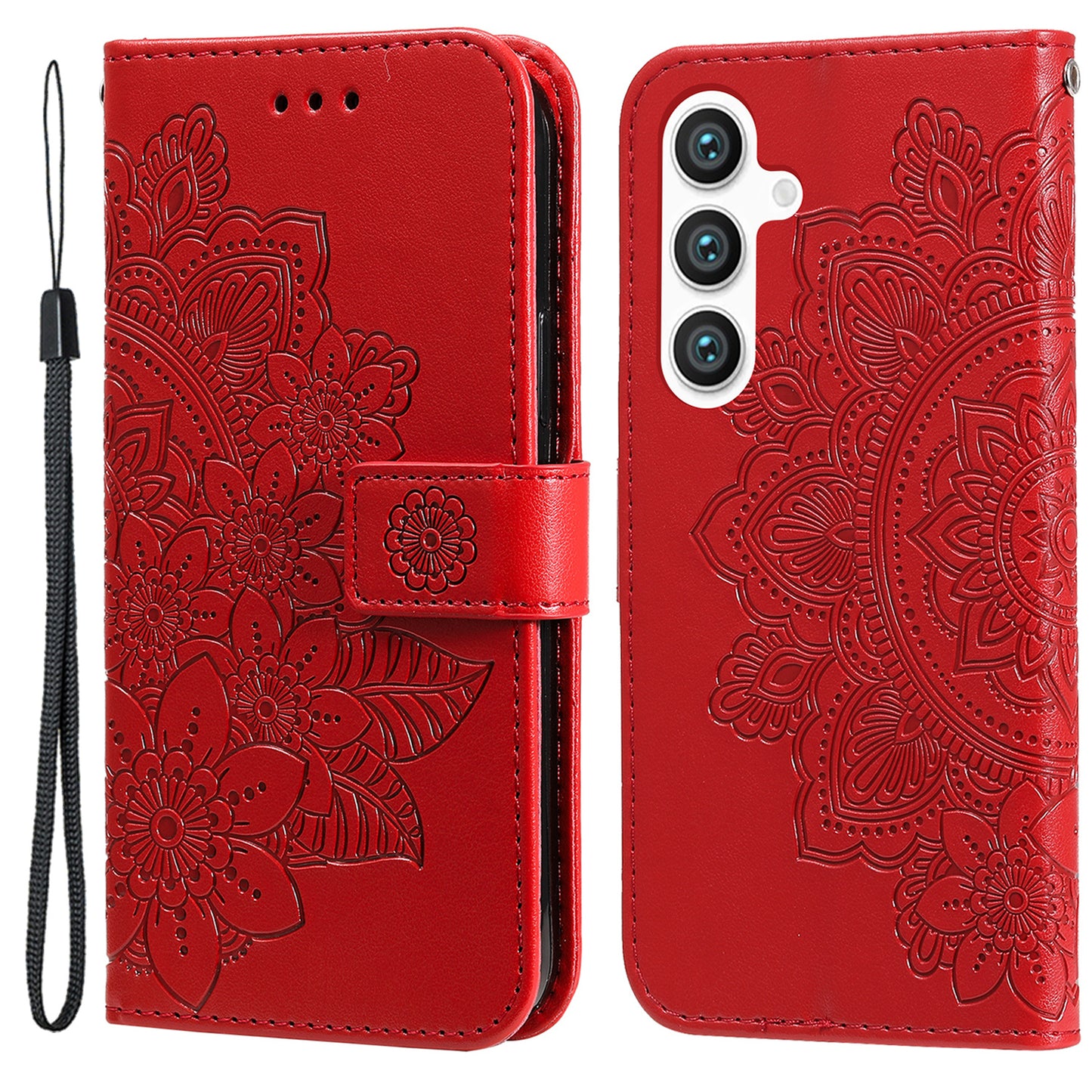For Samsung Galaxy S24+ Case Stand Wallet Imprinted PU Leather Mobile Phone Shell Cover - Red