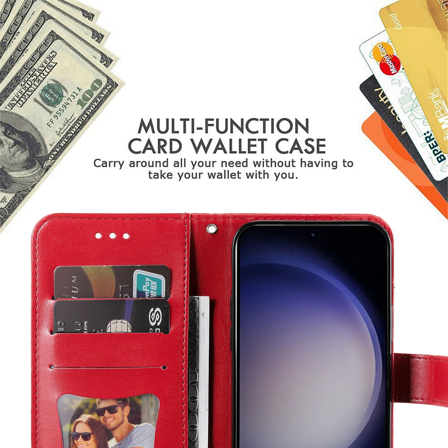 For Samsung Galaxy S24+ Case Stand Wallet Imprinted PU Leather Mobile Phone Shell Cover - Red