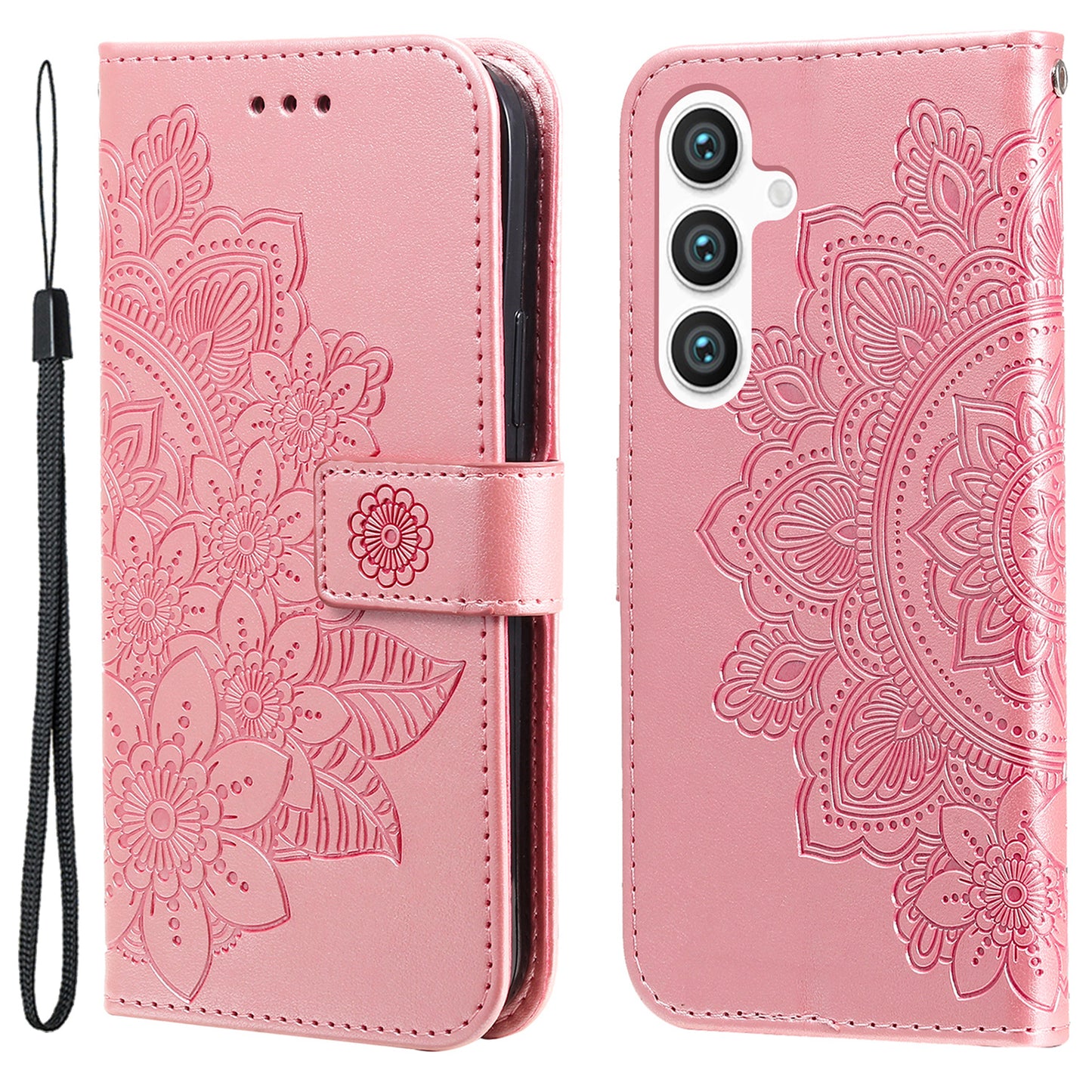 For Samsung Galaxy S24+ Case Stand Wallet Imprinted PU Leather Mobile Phone Shell Cover - Pink