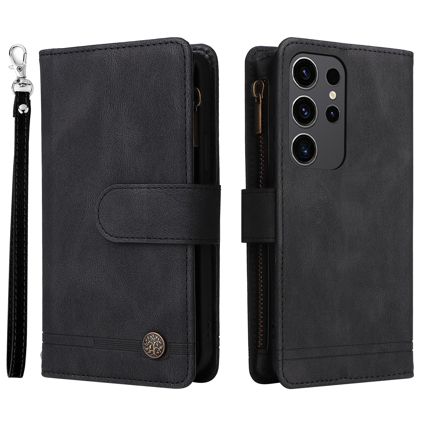 For Samsung Galaxy S24 Ultra Case Zipper Pocket Flip Leather Protective Phone Cover - Black