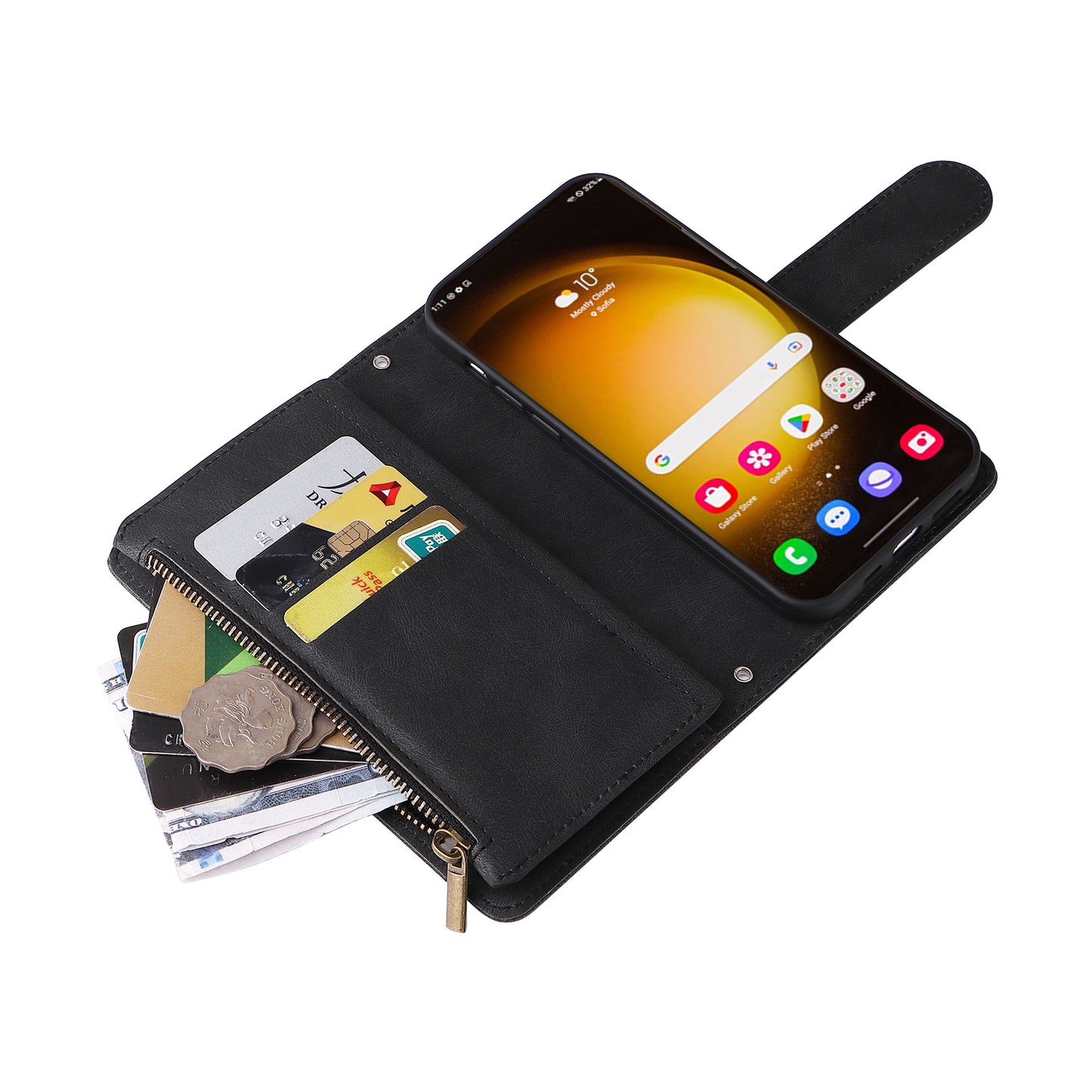 For Samsung Galaxy S24 Ultra Case Zipper Pocket Flip Leather Protective Phone Cover - Black