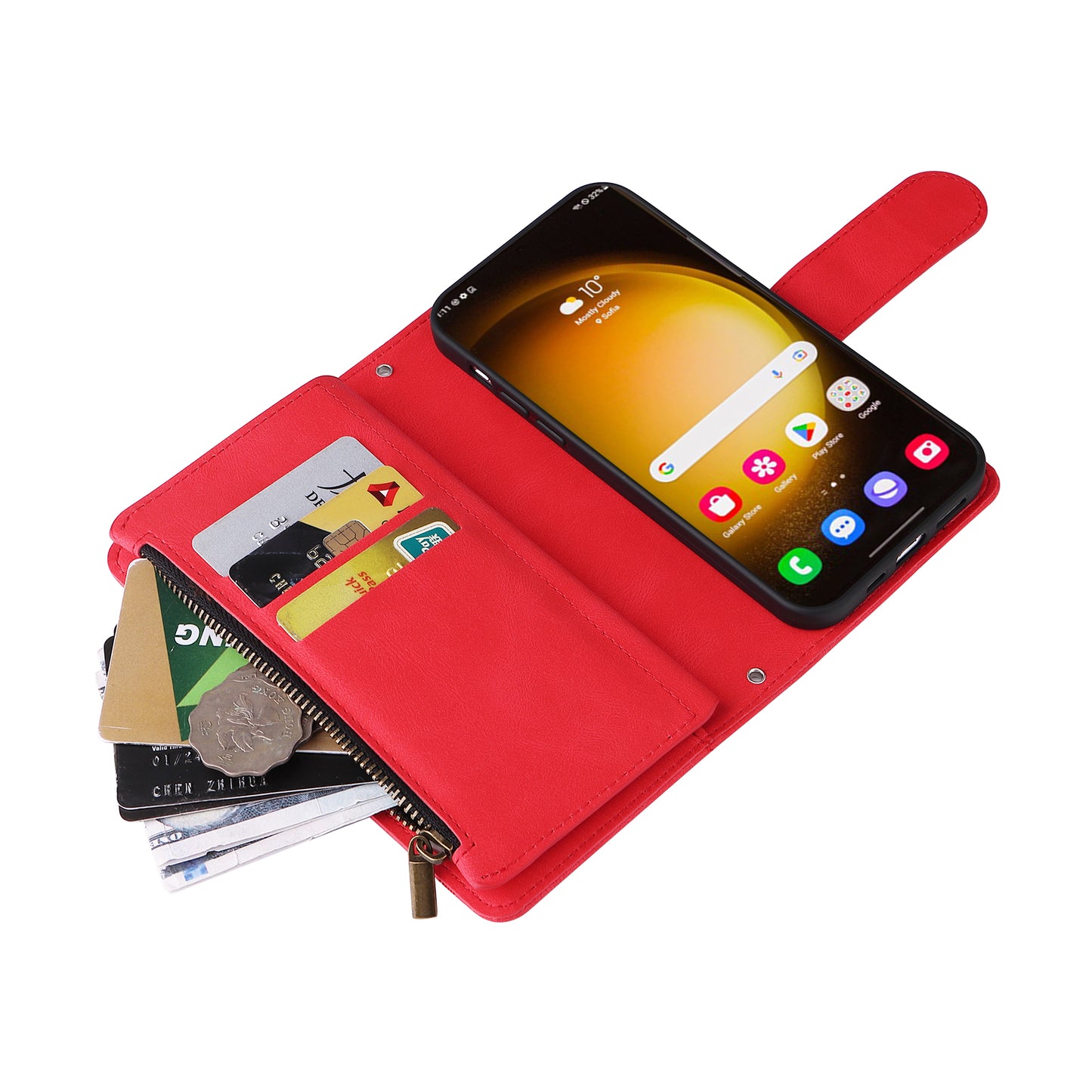 For Samsung Galaxy S24 Ultra Case Zipper Pocket Flip Leather Protective Phone Cover - Red