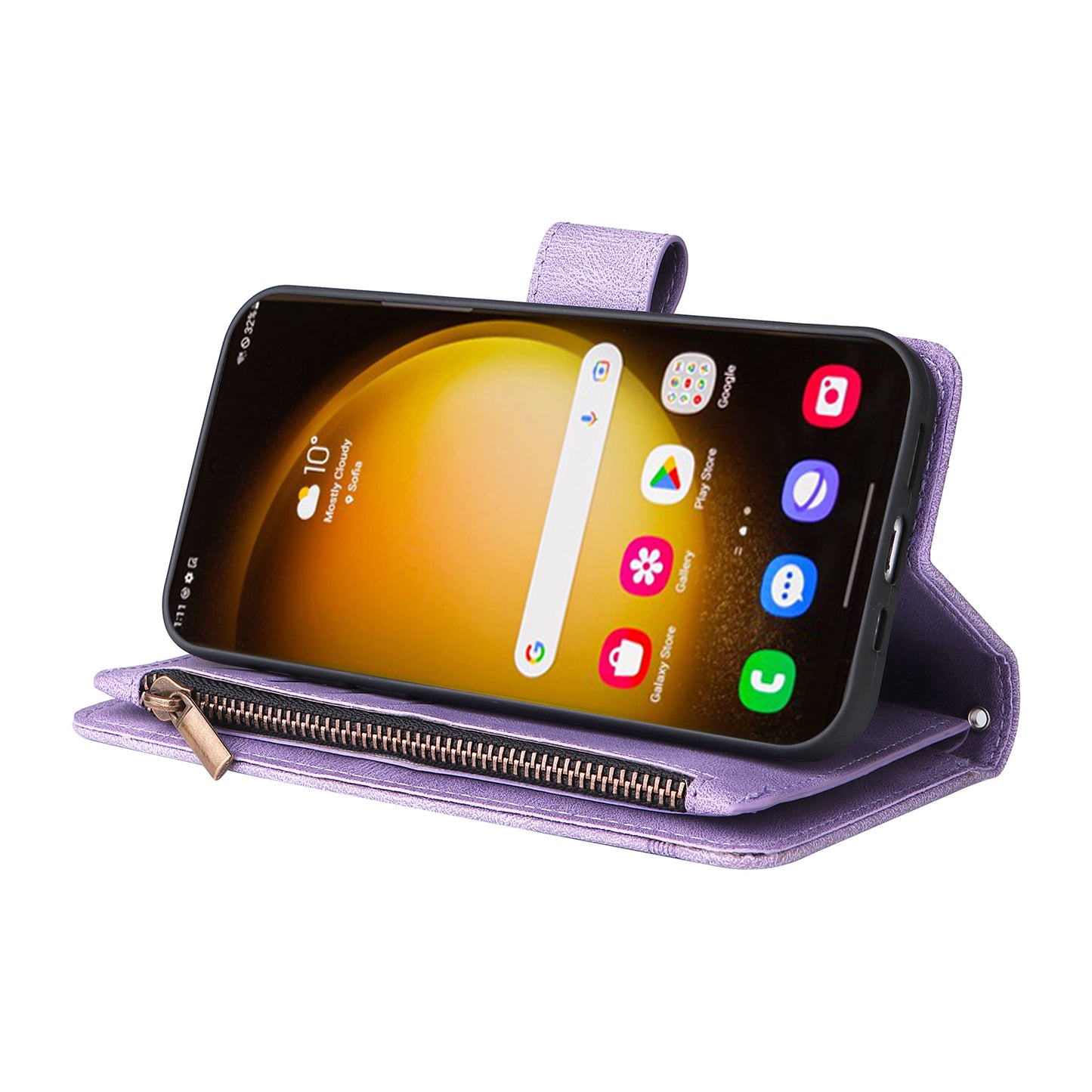 For Samsung Galaxy S24 Ultra Case Zipper Pocket Flip Leather Protective Phone Cover - Purple