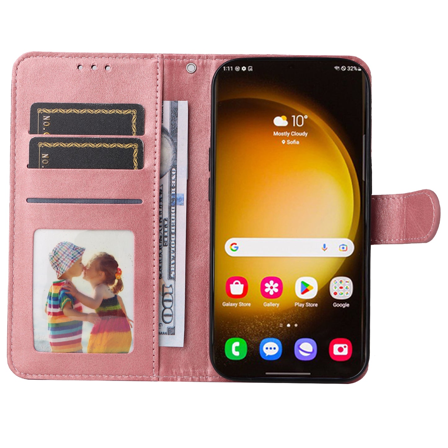 For Samsung Galaxy S24 Ultra Case Flip Stand PU Leather Protective Phone Cover - Pink