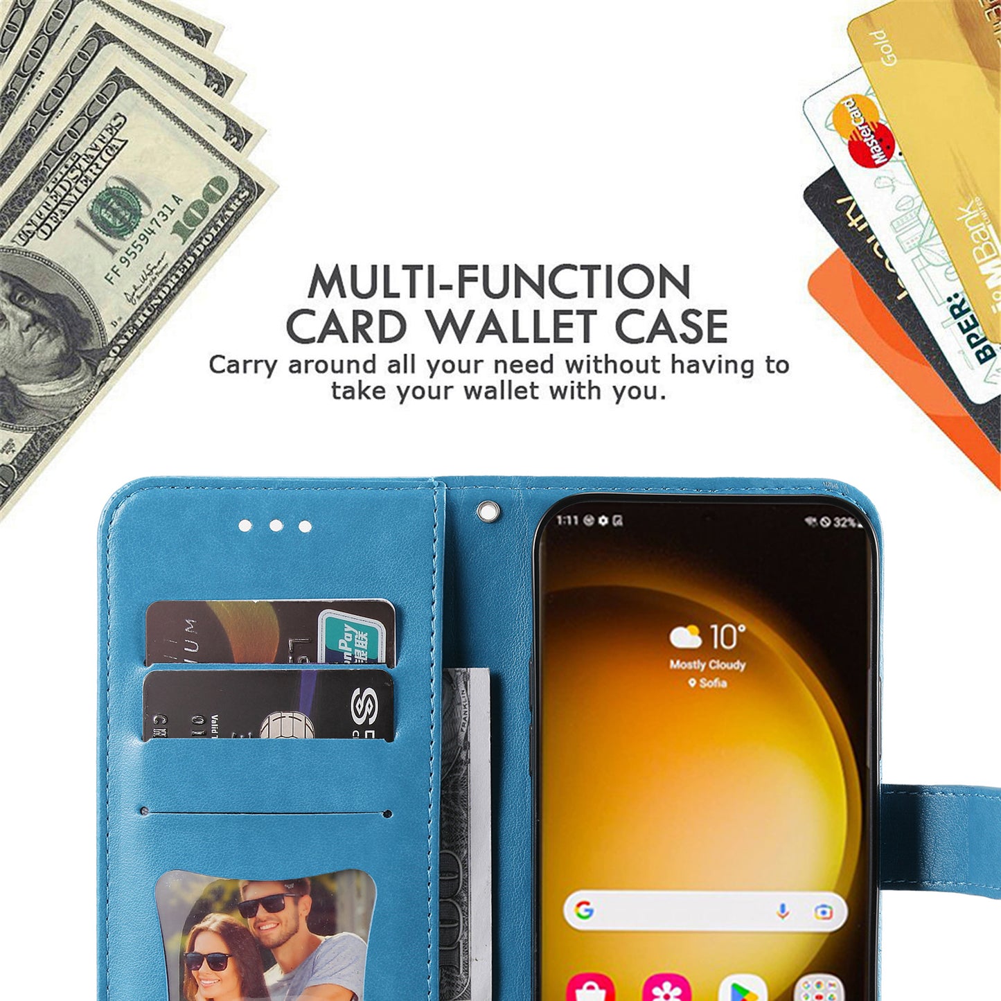 For Samsung Galaxy S24 Ultra Case Wallet PU Leather Magnetic Flip Folio Phone Cover - Blue
