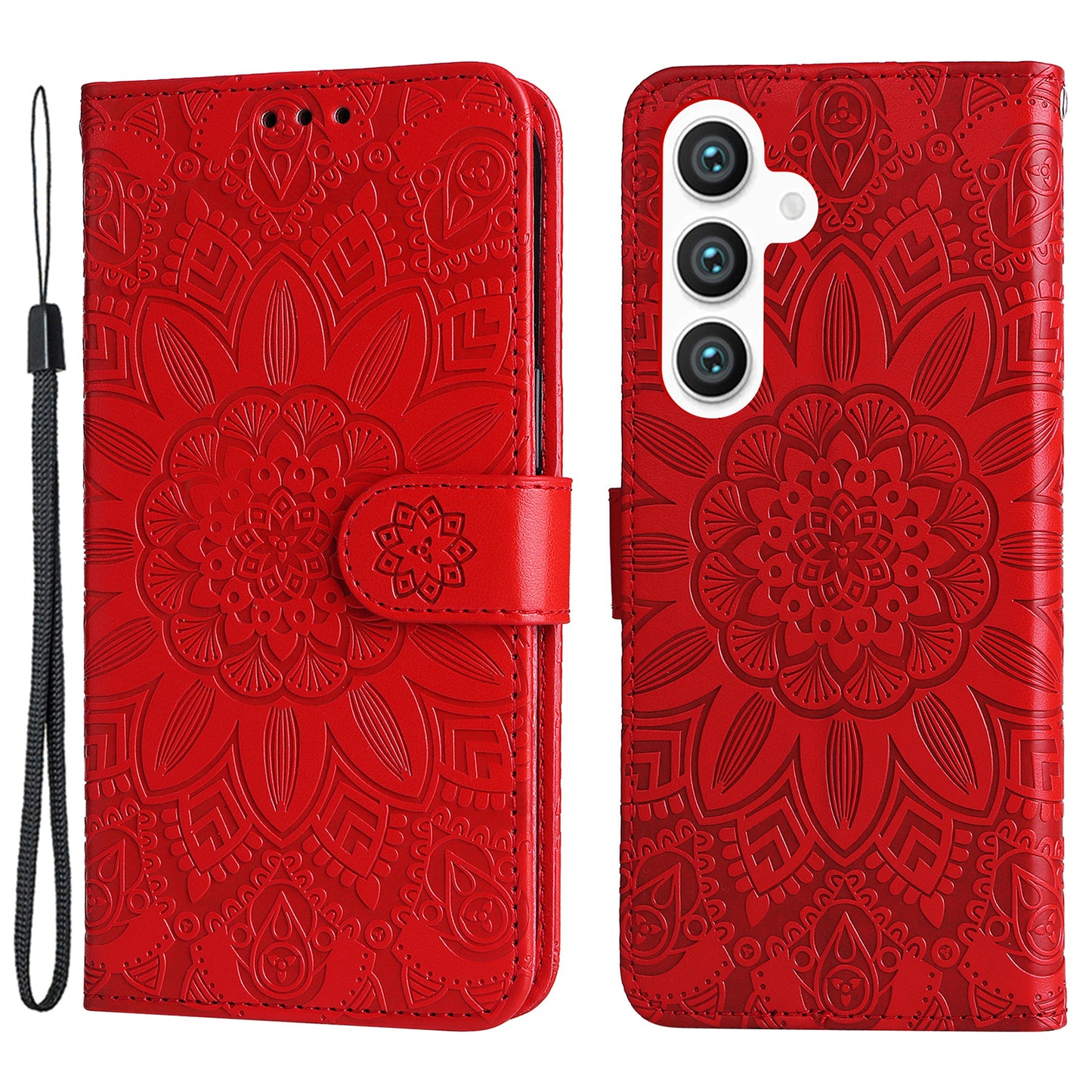 For Samsung Galaxy S24 Case Sunflower PU Leather Magnetic Flip Phone Cover - Red