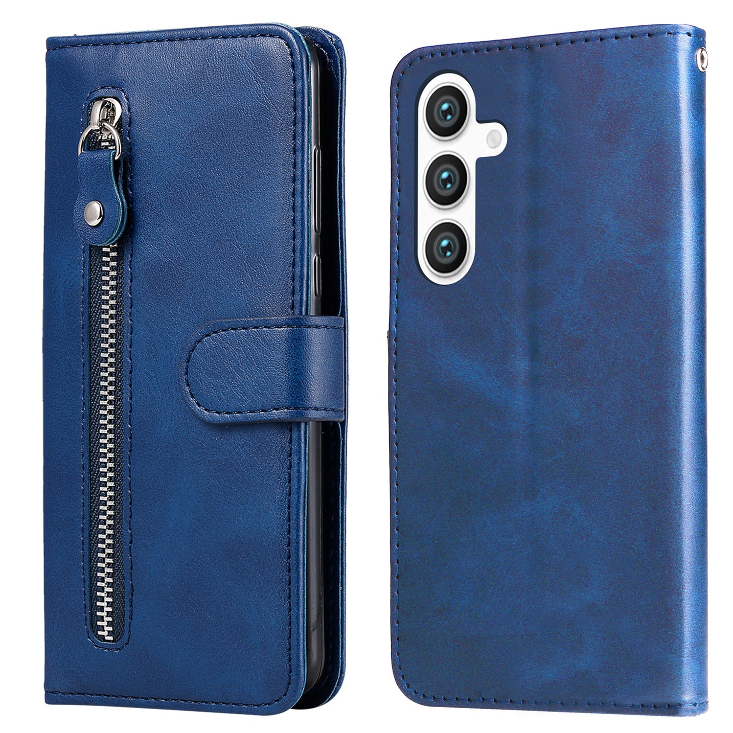 For Samsung Galaxy S24 Case Zipper Pocket Flip PU Leather Protective Cover - Blue