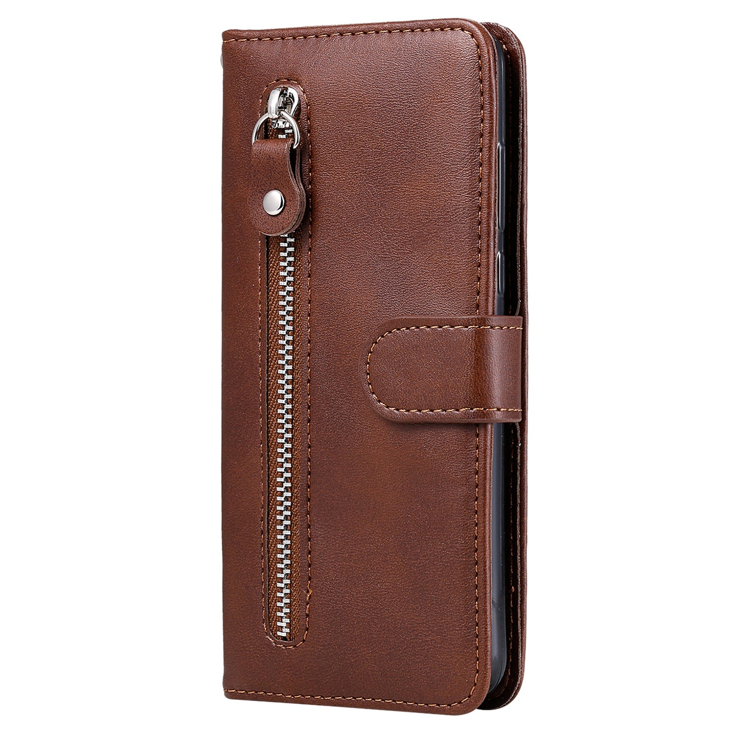For Samsung Galaxy S24 Case Zipper Pocket Flip PU Leather Protective Cover - Brown