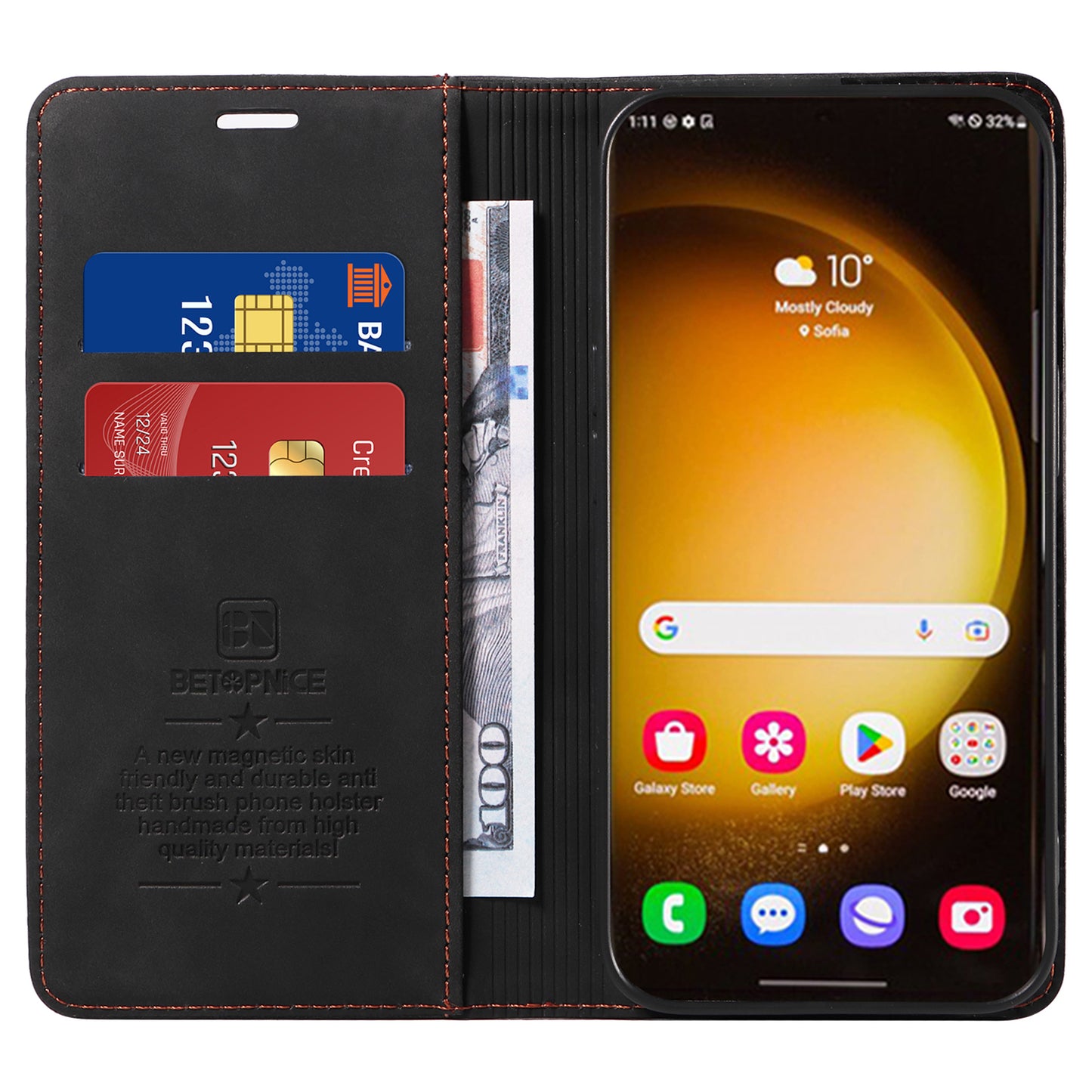 BETOPNICE 003 for Samsung Galaxy S24 Ultra Case Flip Wallet RFID Blocking Phone Cover - Black