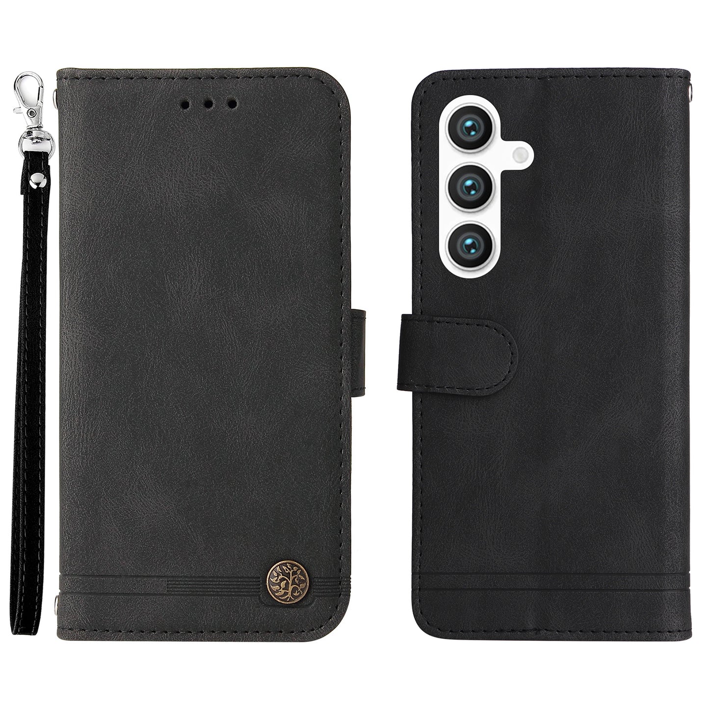 For Samsung Galaxy S24+ Case PU Leather Imprinted Flip Skin-touch Phone Cover - Black