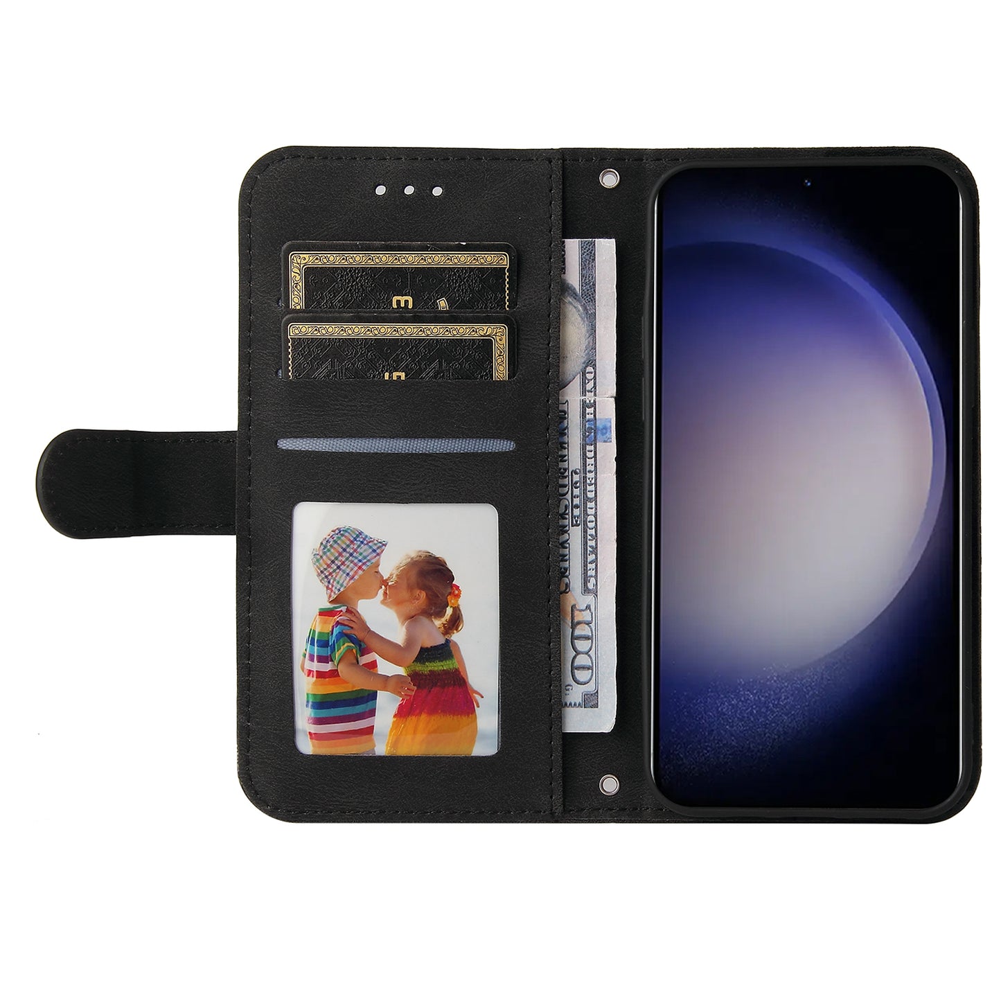For Samsung Galaxy S24+ Case PU Leather Imprinted Flip Skin-touch Phone Cover - Black