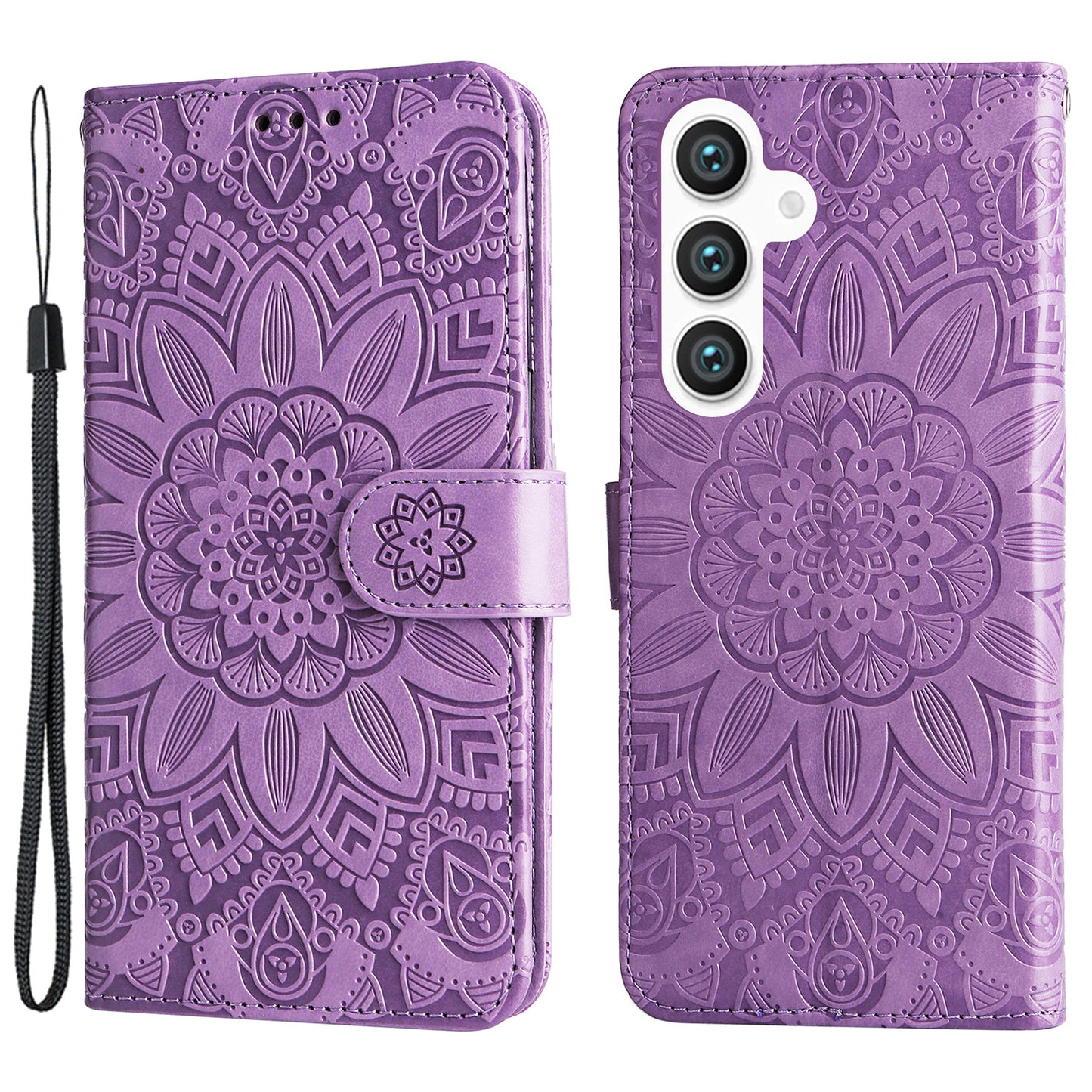 For Samsung Galaxy S24+ Case PU Leather Stand Wallet Sunflower Phone Cover - Purple