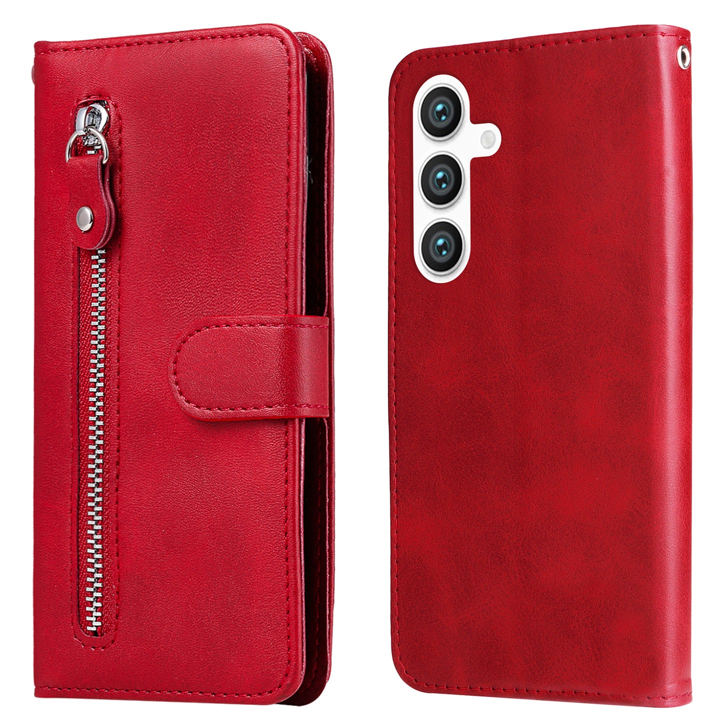 For Samsung Galaxy S24+ Case PU Leather Zipper Stand Folio Phone Cover - Red
