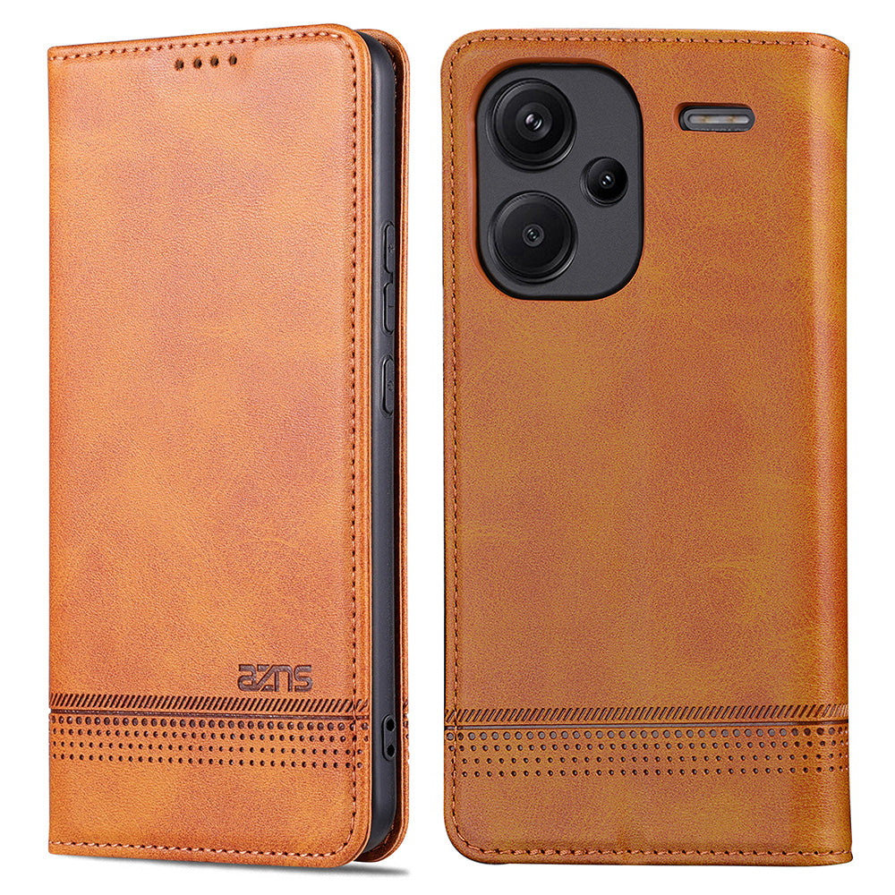 AZNS For Xiaomi Redmi Note 13 Pro+ 5G Case Cowhide Texture Leather Wallet Cover - Brown