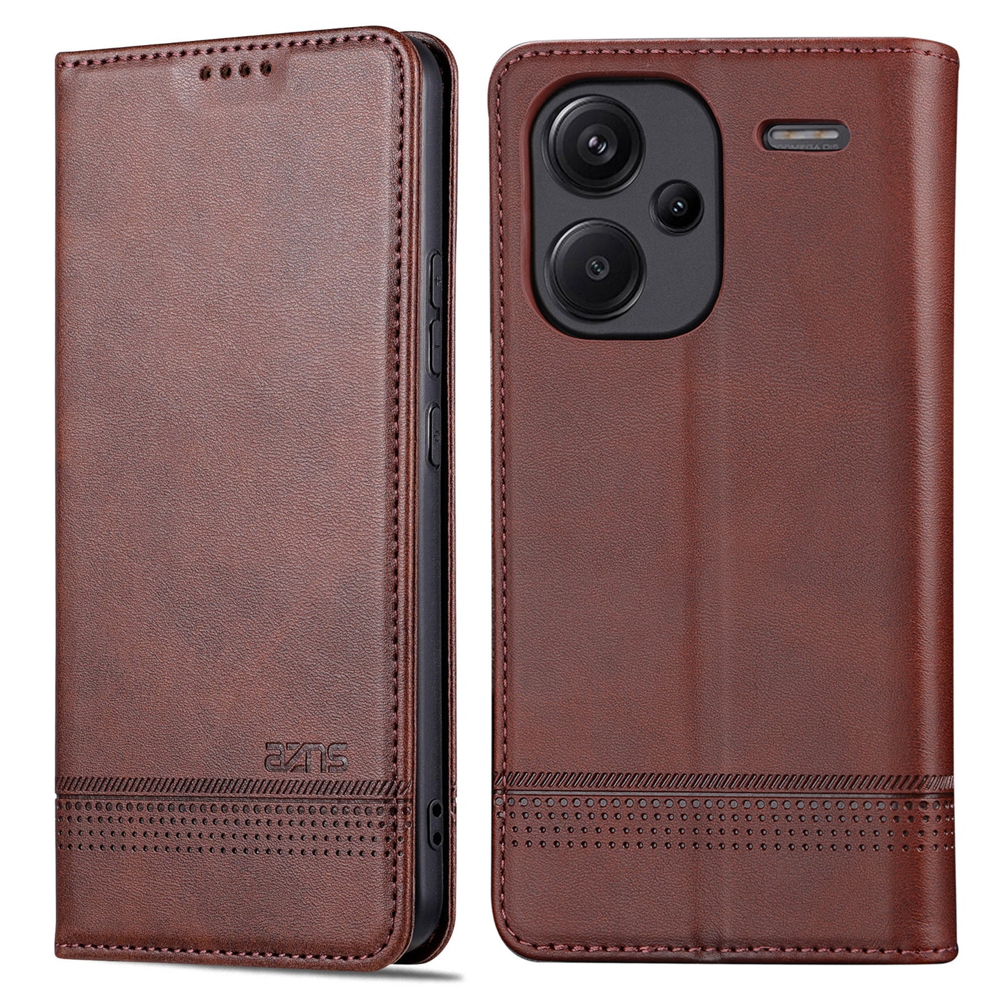 AZNS For Xiaomi Redmi Note 13 Pro+ 5G Case Cowhide Texture Leather Wallet Cover - Coffee
