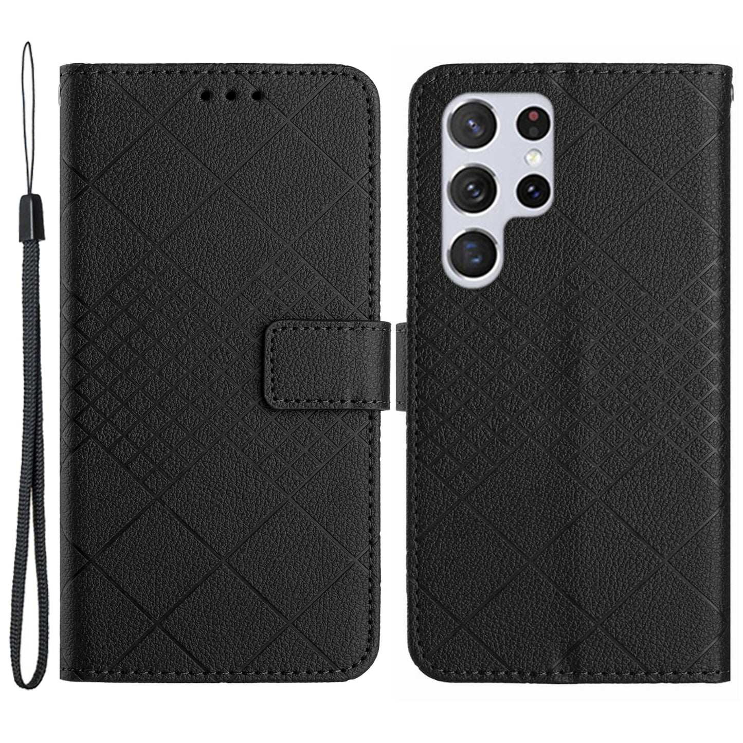 HT06 For Samsung Galaxy S24 Ultra Case Litchi Texture Rhombus Imprinted Wallet Cover - Black