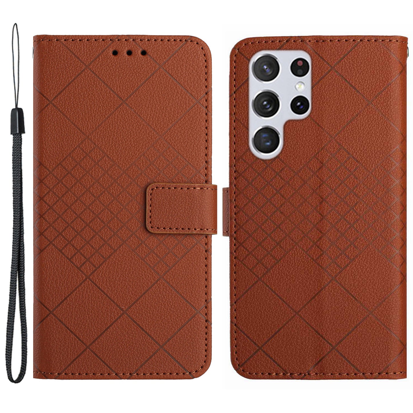 HT06 For Samsung Galaxy S24 Ultra Case Litchi Texture Rhombus Imprinted Wallet Cover - Brown