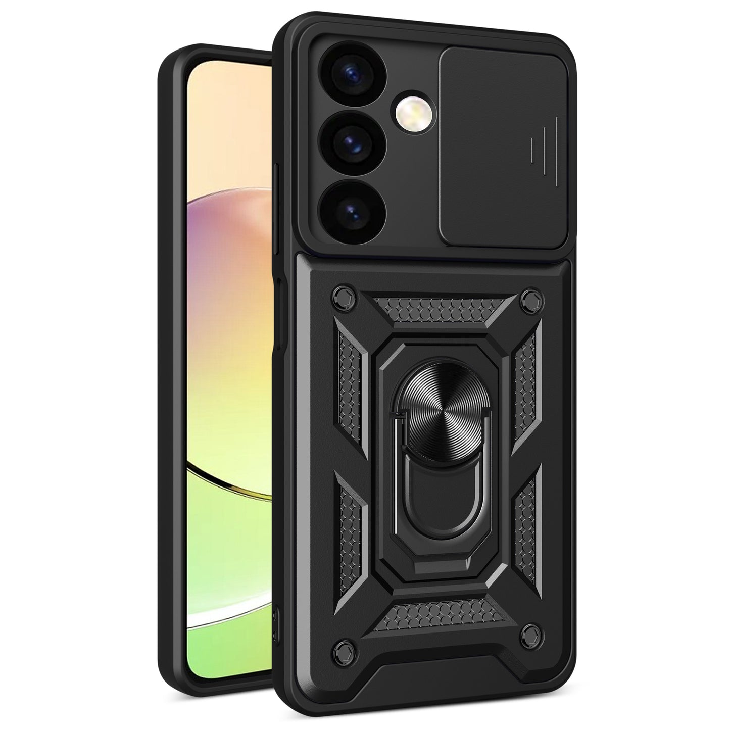 For Samsung Galaxy S24+ Case PC+TPU Kickstand Slide Lens Lid Mobile Phone Cover - Black