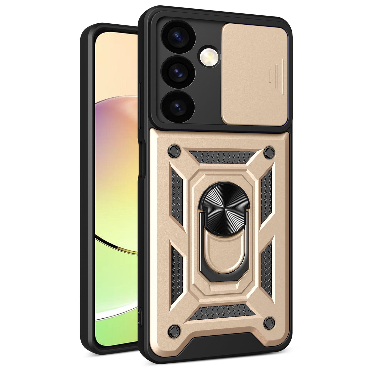 For Samsung Galaxy S24+ Case PC+TPU Kickstand Slide Lens Lid Mobile Phone Cover - Gold