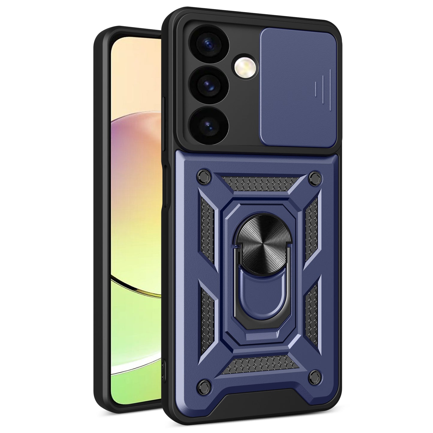 For Samsung Galaxy S24+ Case PC+TPU Kickstand Slide Lens Lid Mobile Phone Cover - Blue