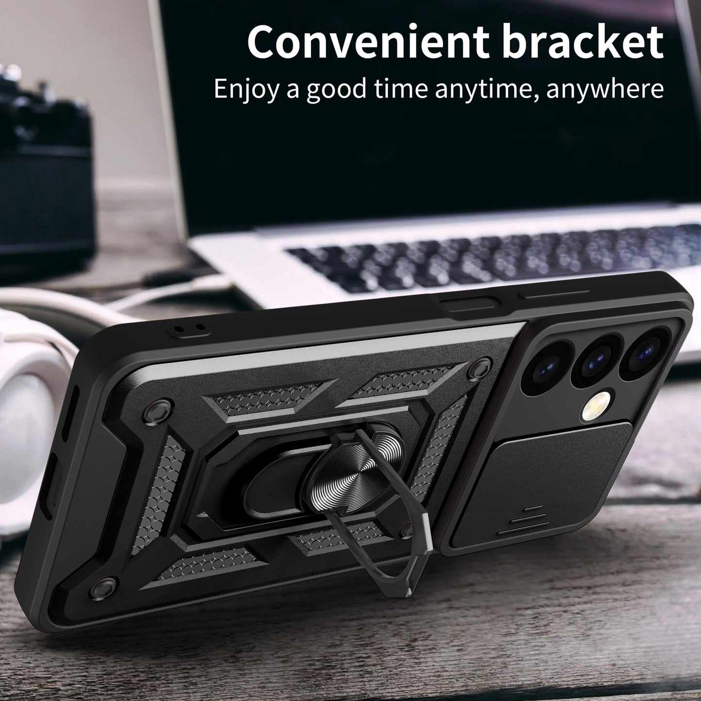 For Samsung Galaxy S24 Case Anti-drop Slide Lens Protection Scratch-resistant PC+TPU Phone Cover - Black