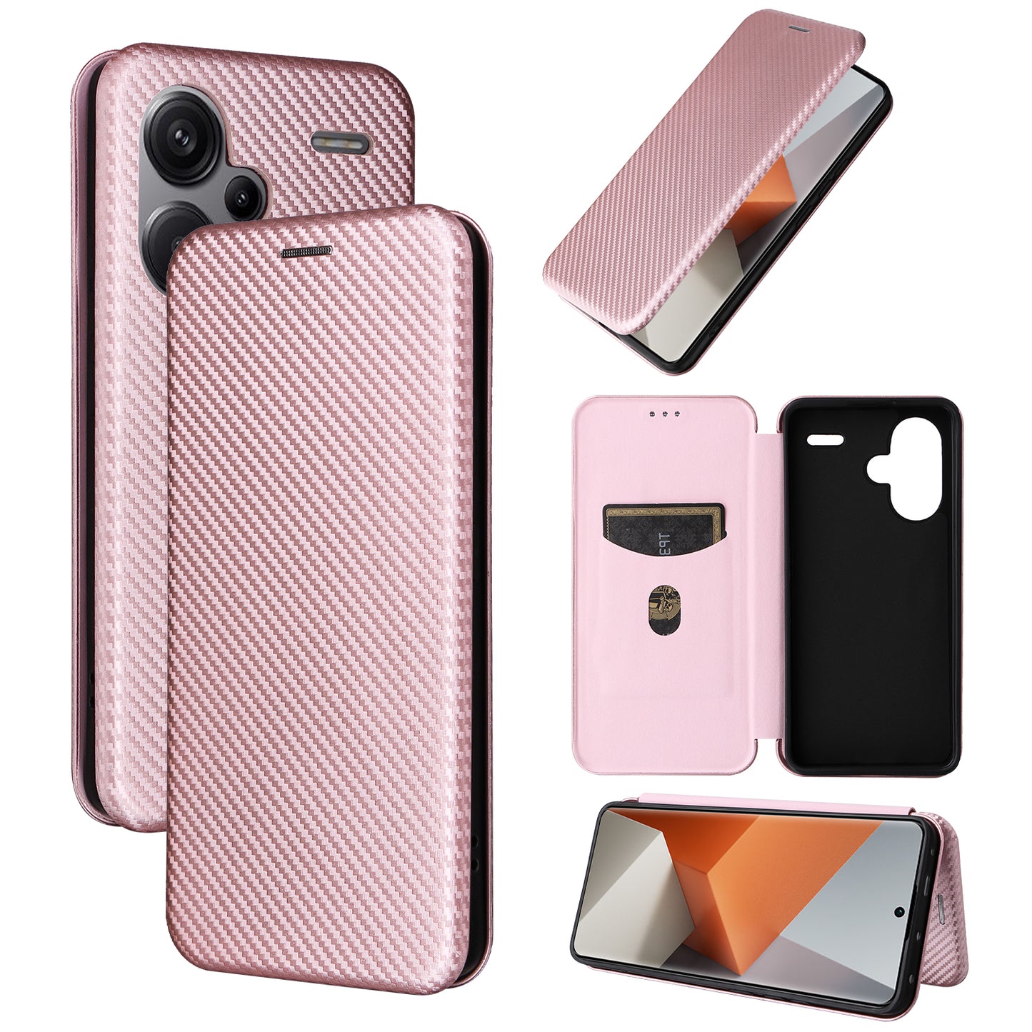 For Xiaomi Redmi Note 13 Pro+ 5G Case Stand Phone Leather Cover with Card Holder - Rose Gold