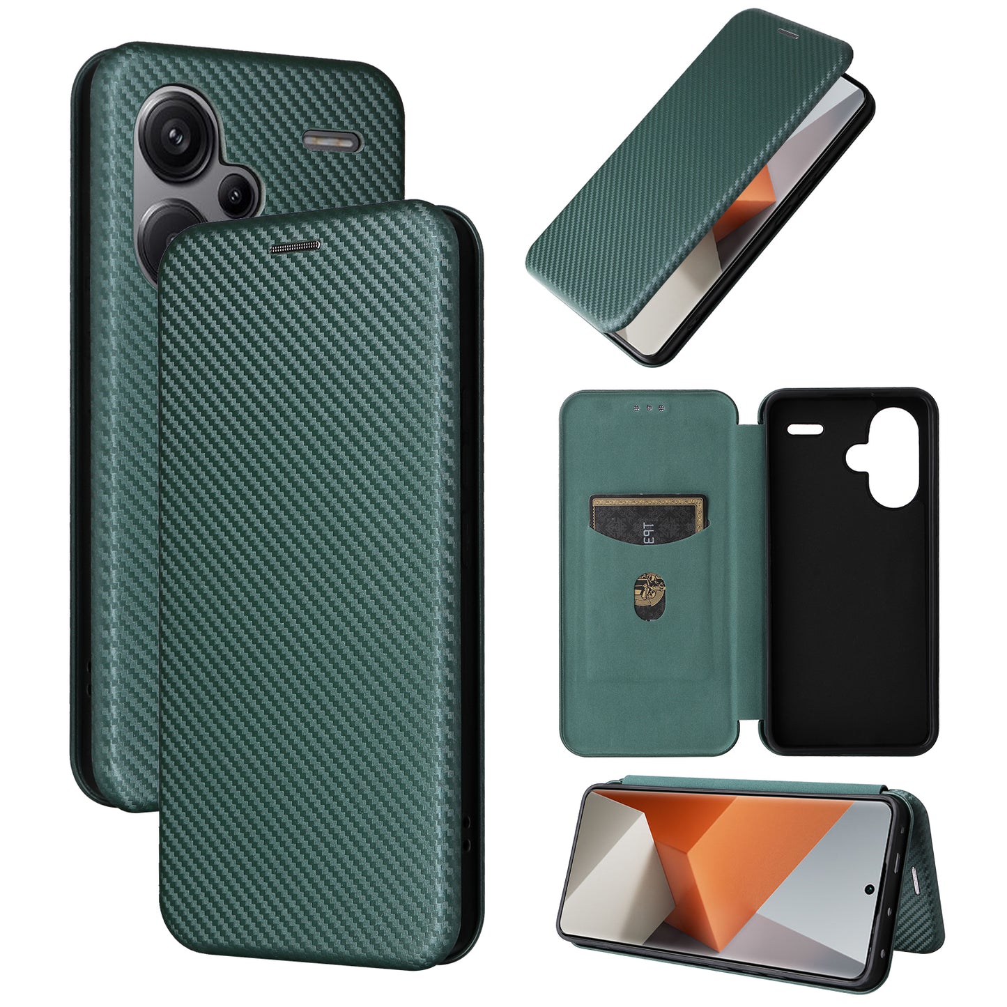 For Xiaomi Redmi Note 13 Pro+ 5G Case Stand Phone Leather Cover with Card Holder - Green