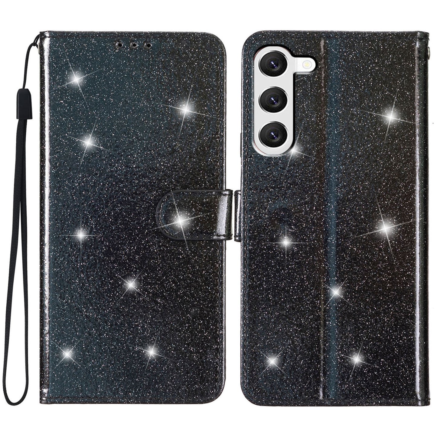 For Samsung Galaxy S24 Case Glittery PU Leather Anti-drop Wallet Cover - Black