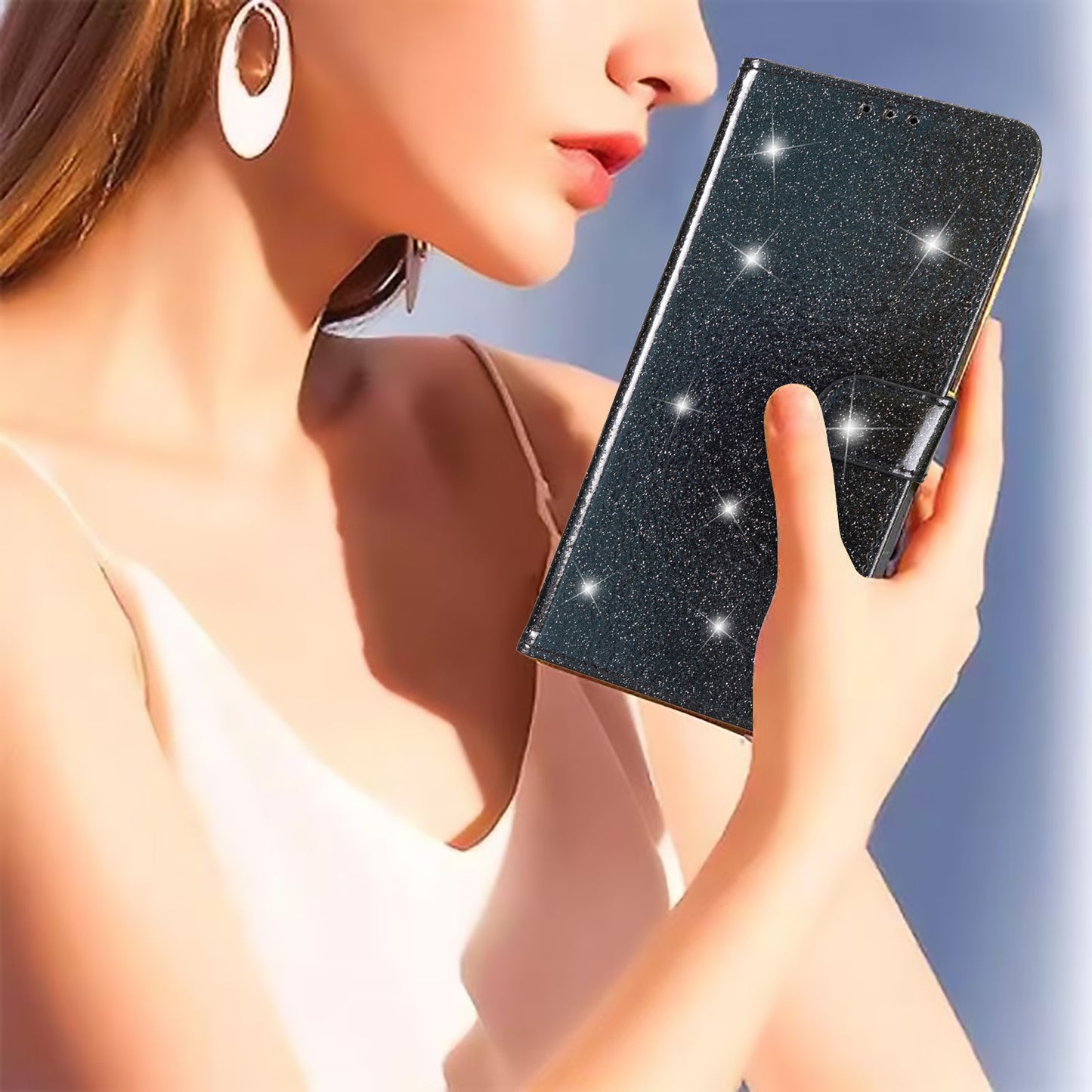 For Samsung Galaxy S24 Case Glittery PU Leather Anti-drop Wallet Cover - Black