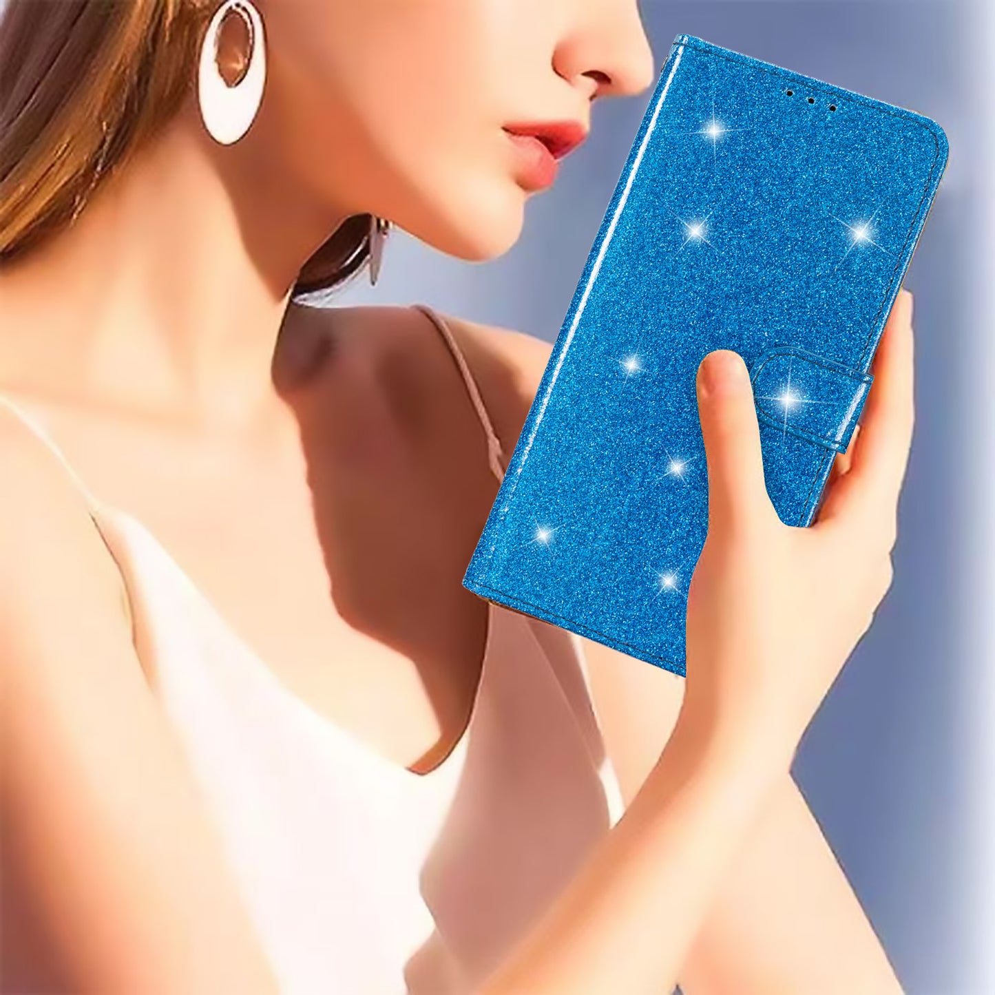 For Samsung Galaxy S24 Case Glittery PU Leather Anti-drop Wallet Cover - Blue