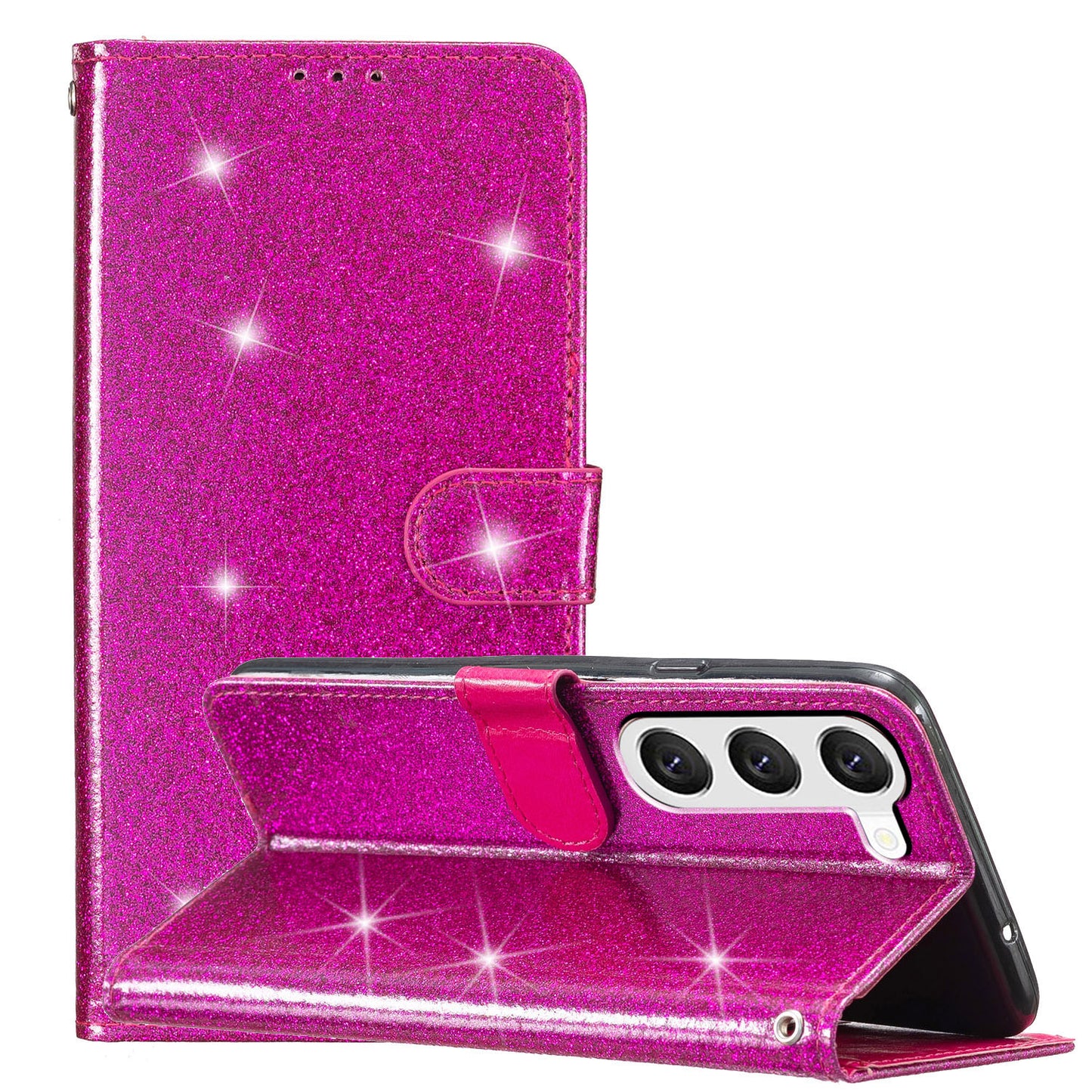 For Samsung Galaxy S24+ Case Glittery Phone Cover with Wallet Stand - Rose