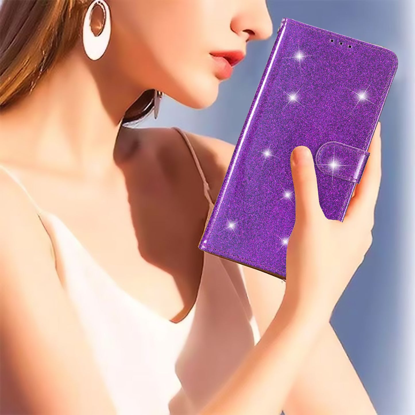 For Samsung Galaxy S24+ Case Glittery Phone Cover with Wallet Stand - Purple