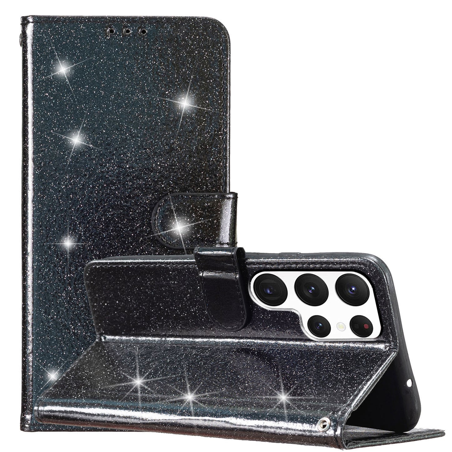 For Samsung Galaxy S24 Ultra Case PU Leather Wallet Glitter Phone Cover - Black