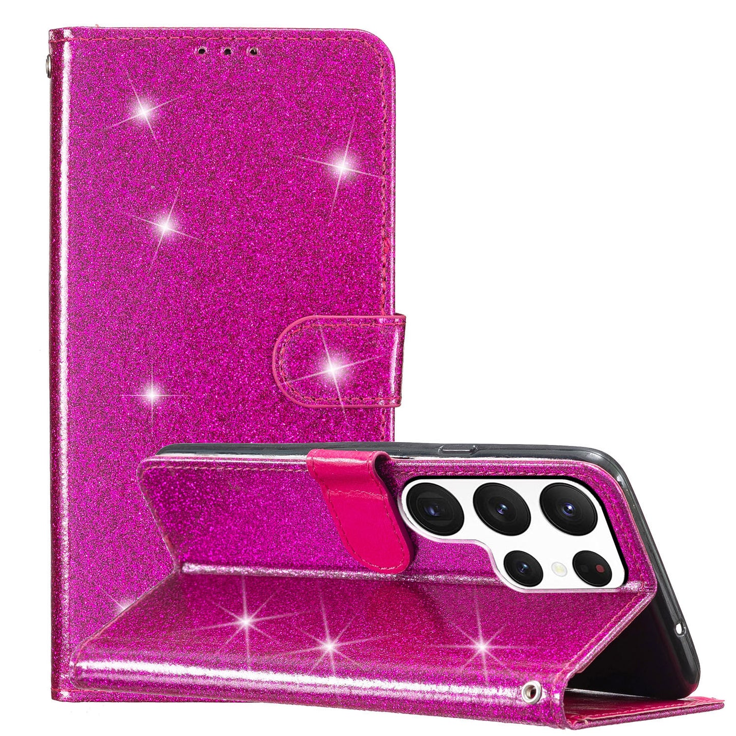 For Samsung Galaxy S24 Ultra Case PU Leather Wallet Glitter Phone Cover - Rose