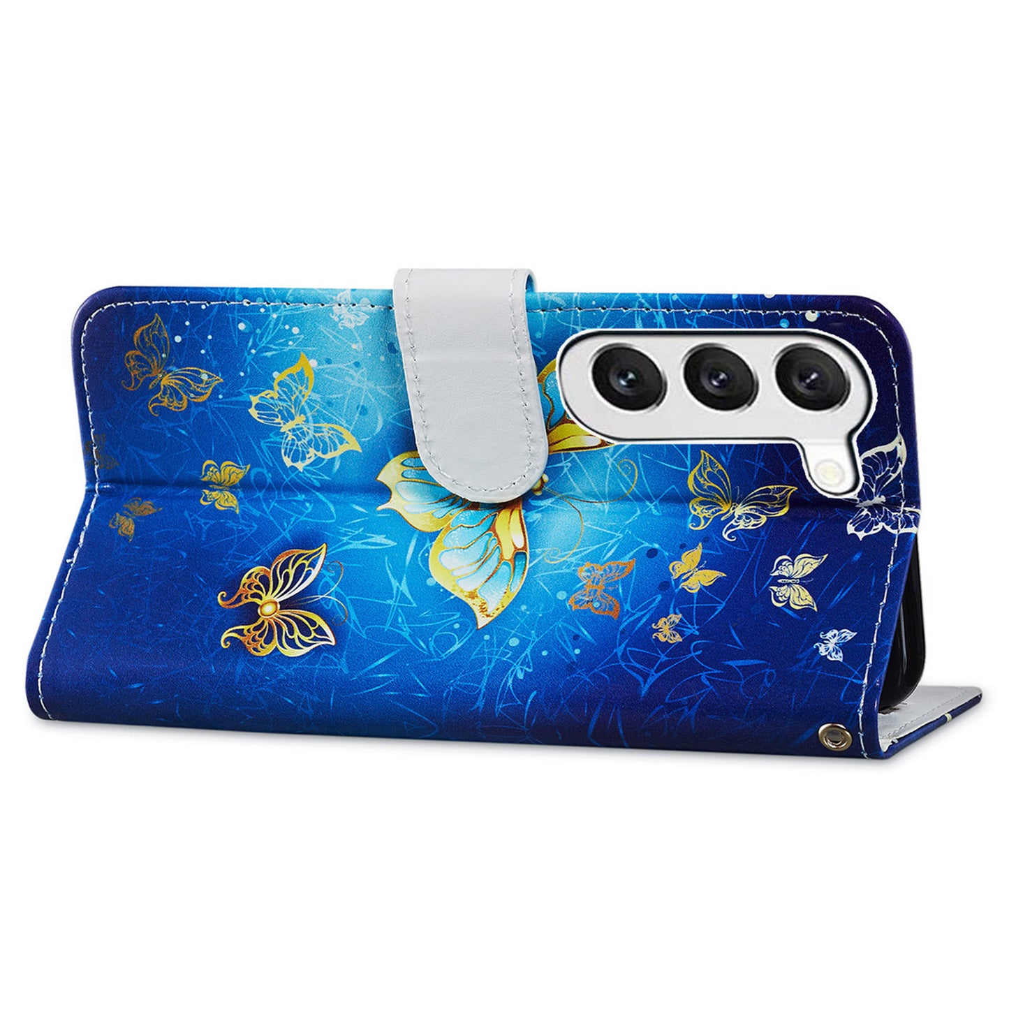 For Samsung Galaxy S24 Case Pattern Printing PU Leather Stand Phone Cover - Golden Butterfly