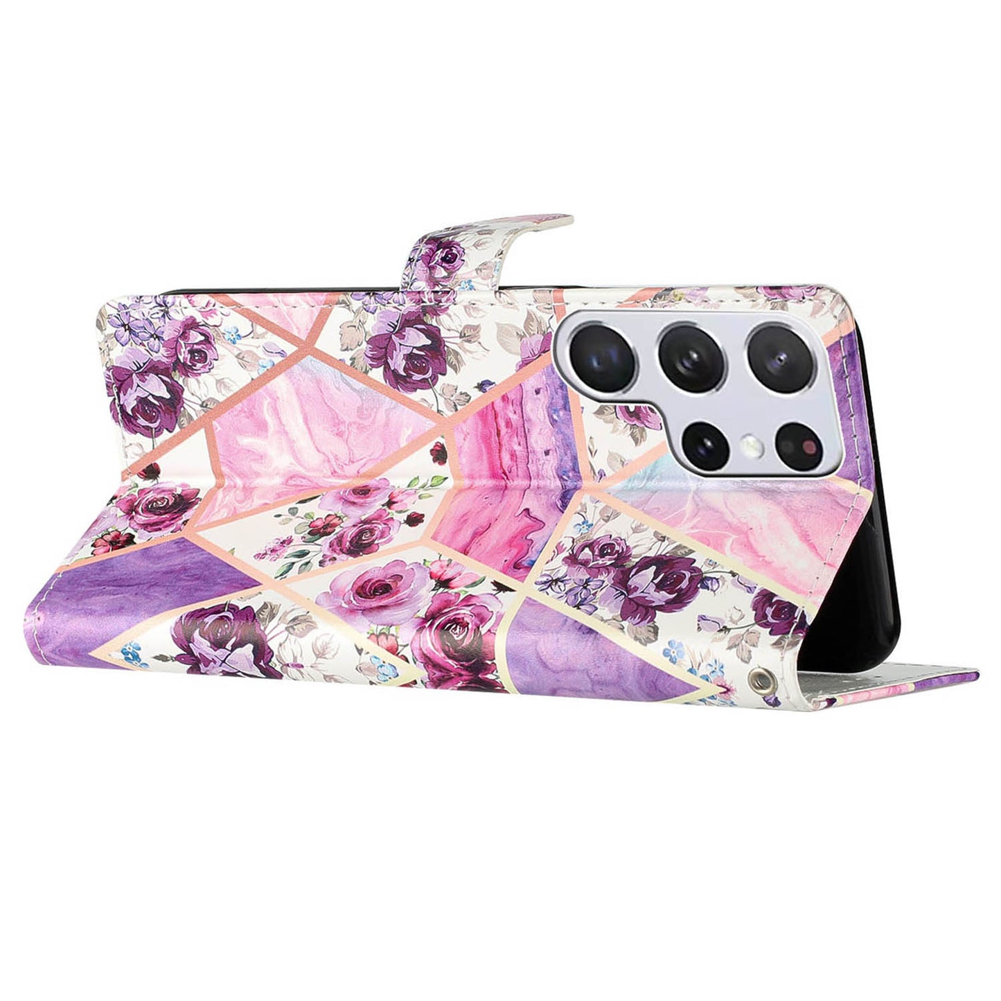 For Samsung Galaxy S24 Ultra Case PU Leather Flip Pattern Printing Phone Cover - Purple Flowers