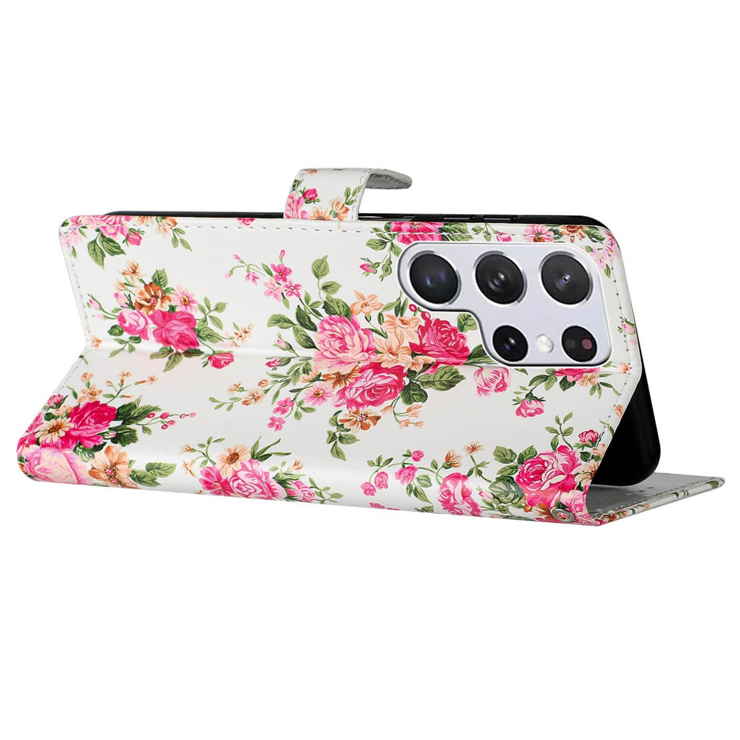 For Samsung Galaxy S24 Ultra Case PU Leather Flip Pattern Printing Phone Cover - Red Flowers