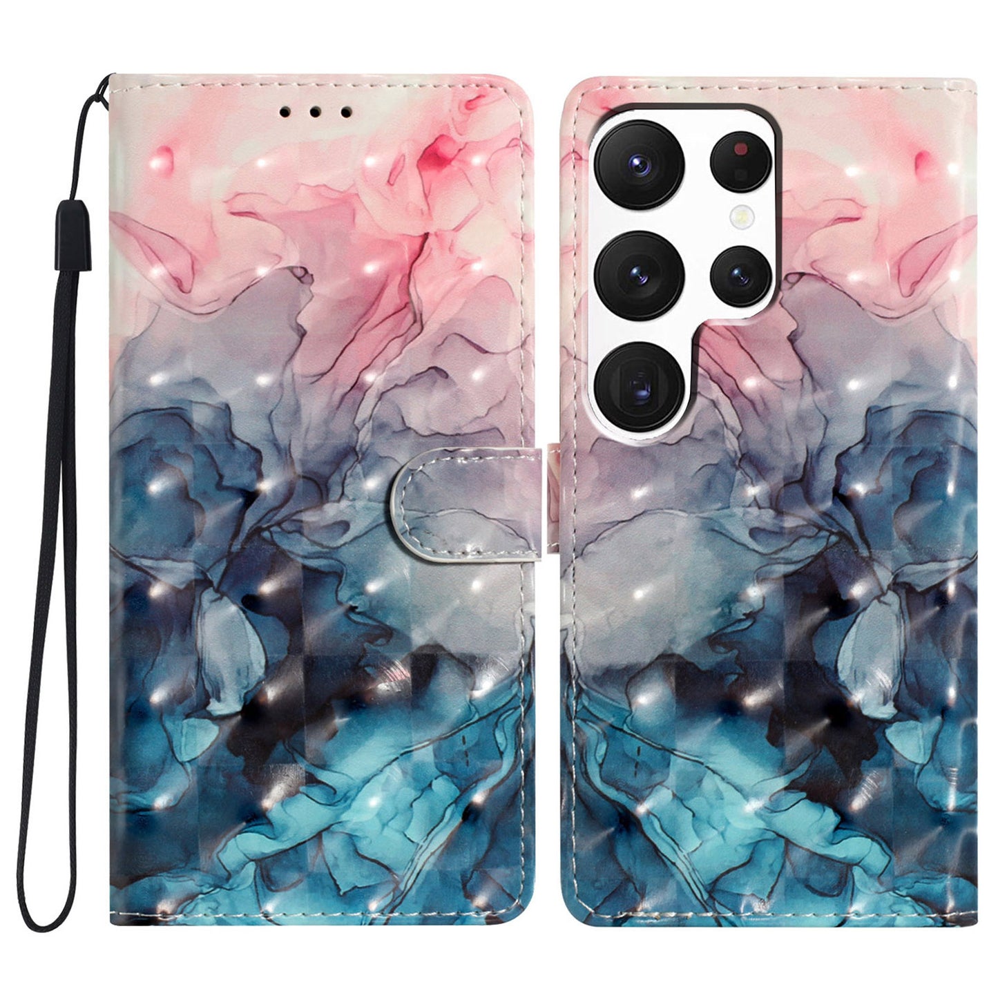 For Samsung Galaxy S24 Ultra Case PU Leather Wallet 3D Pattern Phone Cover - Pink Blue Marble