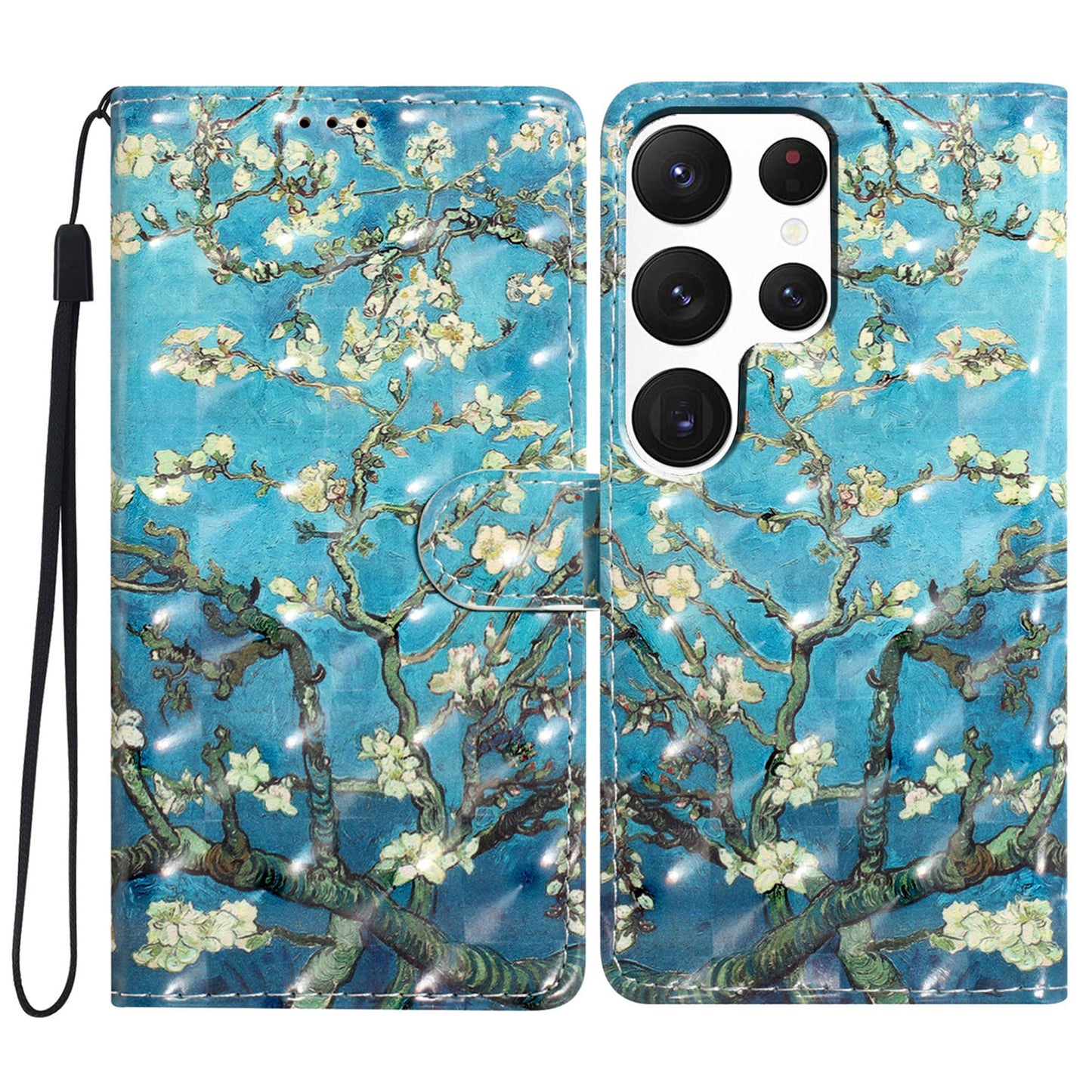 For Samsung Galaxy S24 Ultra Case PU Leather Wallet 3D Pattern Phone Cover - Apricot Blossom